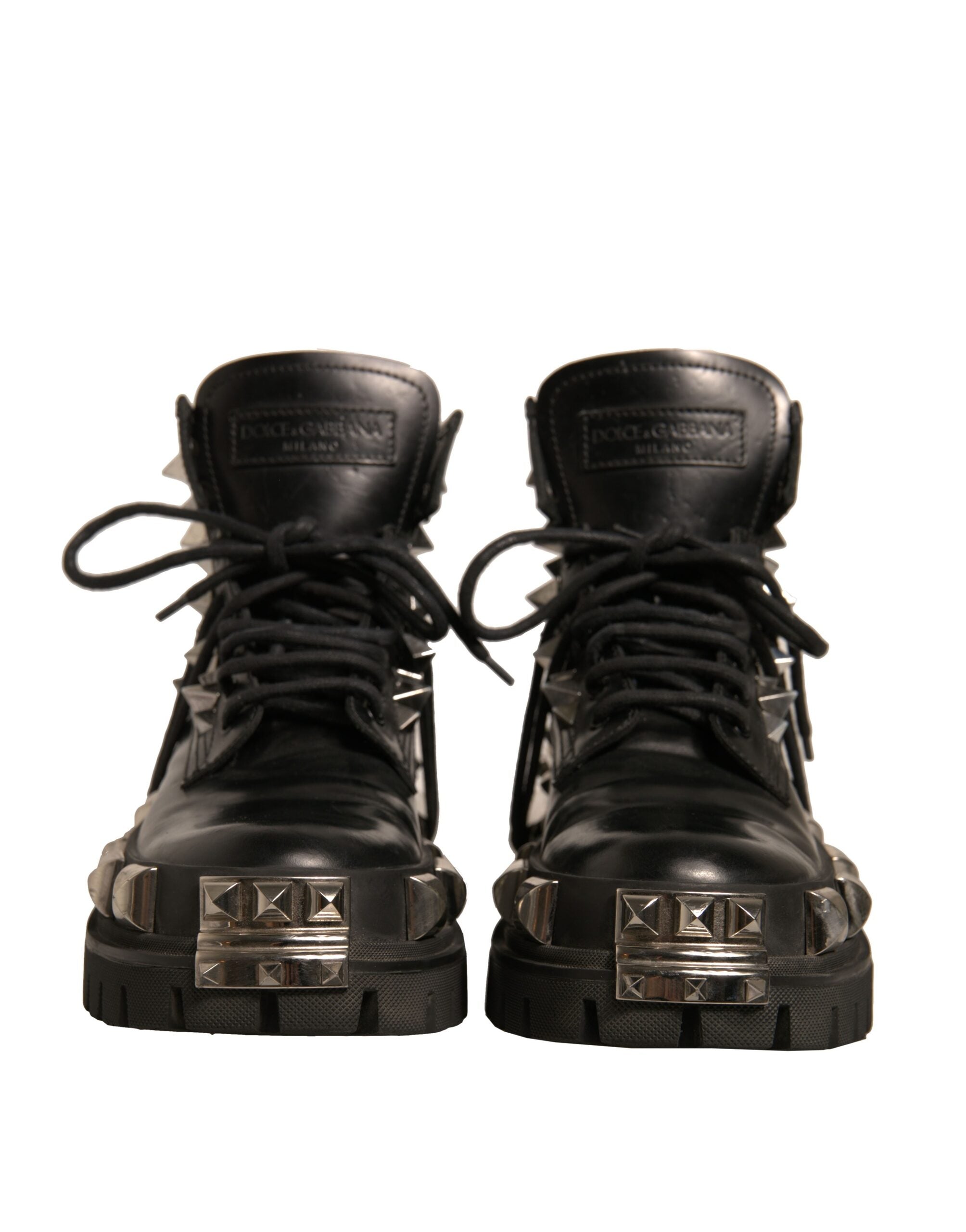 Dolce & Gabbana Black Leather Studded Trekking Boots Shoes