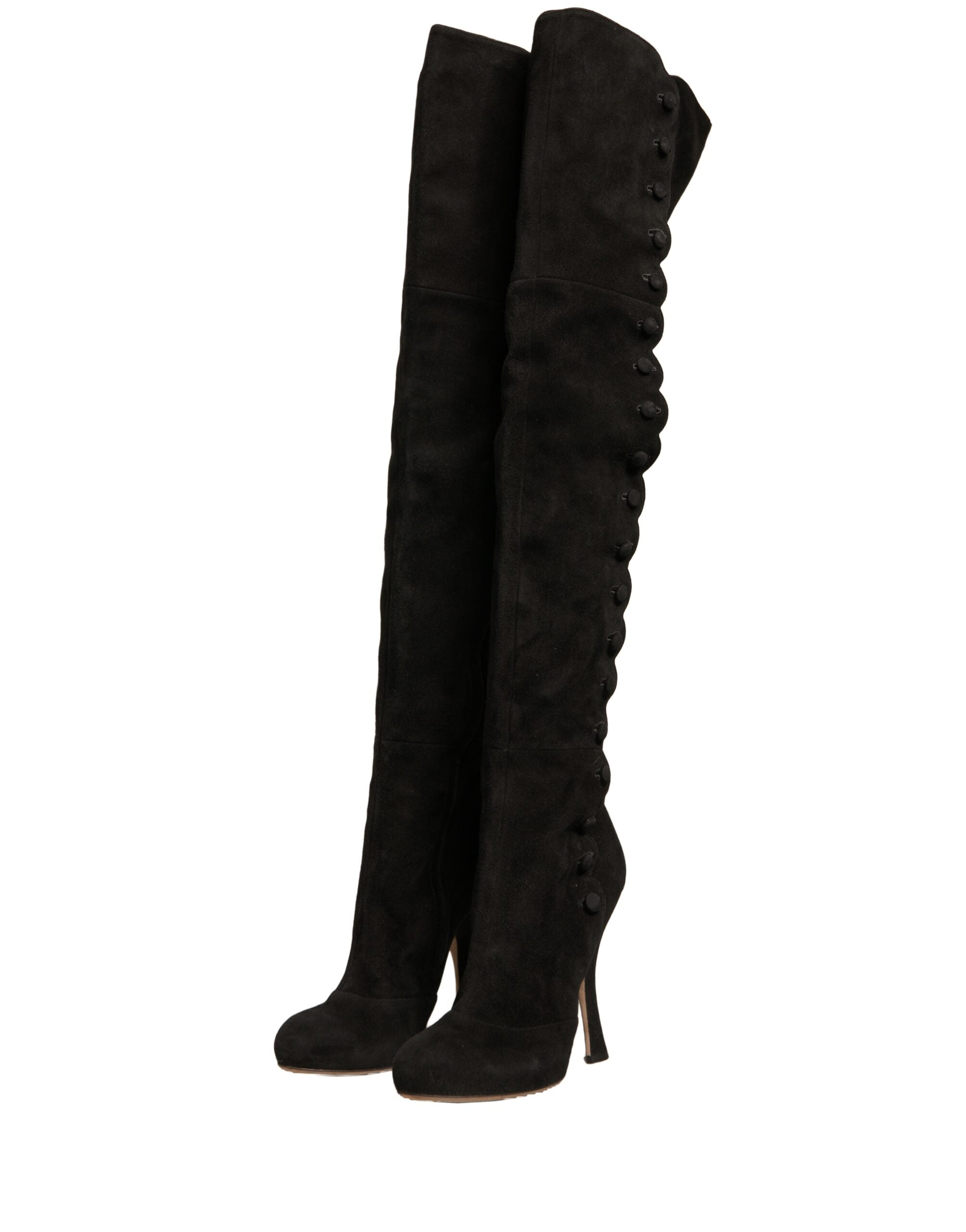 Dolce & Gabbana Black Suede Heels Knee High Boots Shoes