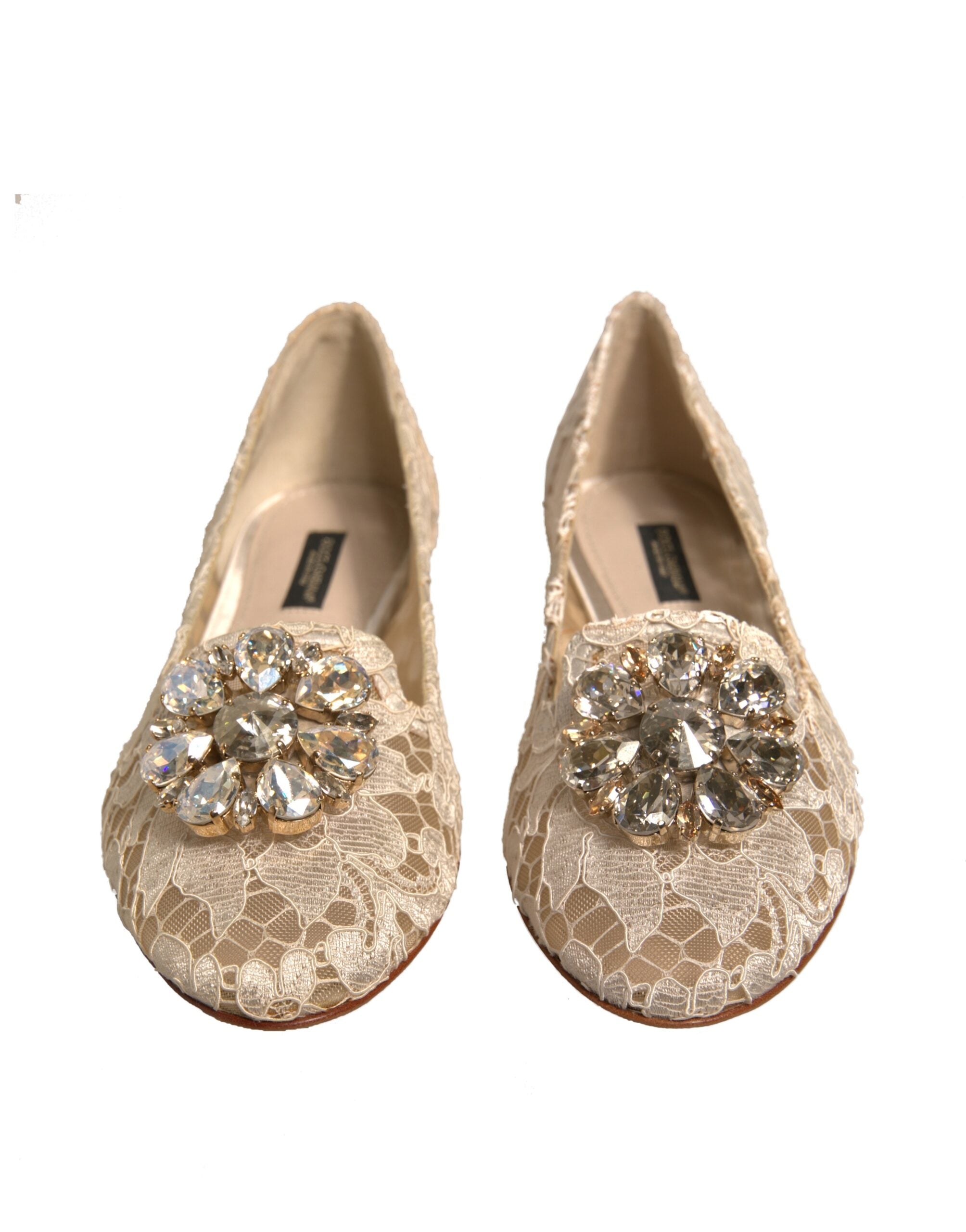 Dolce & Gabbana Beige Crystal Loafer Lace Ballet Flats Shoes