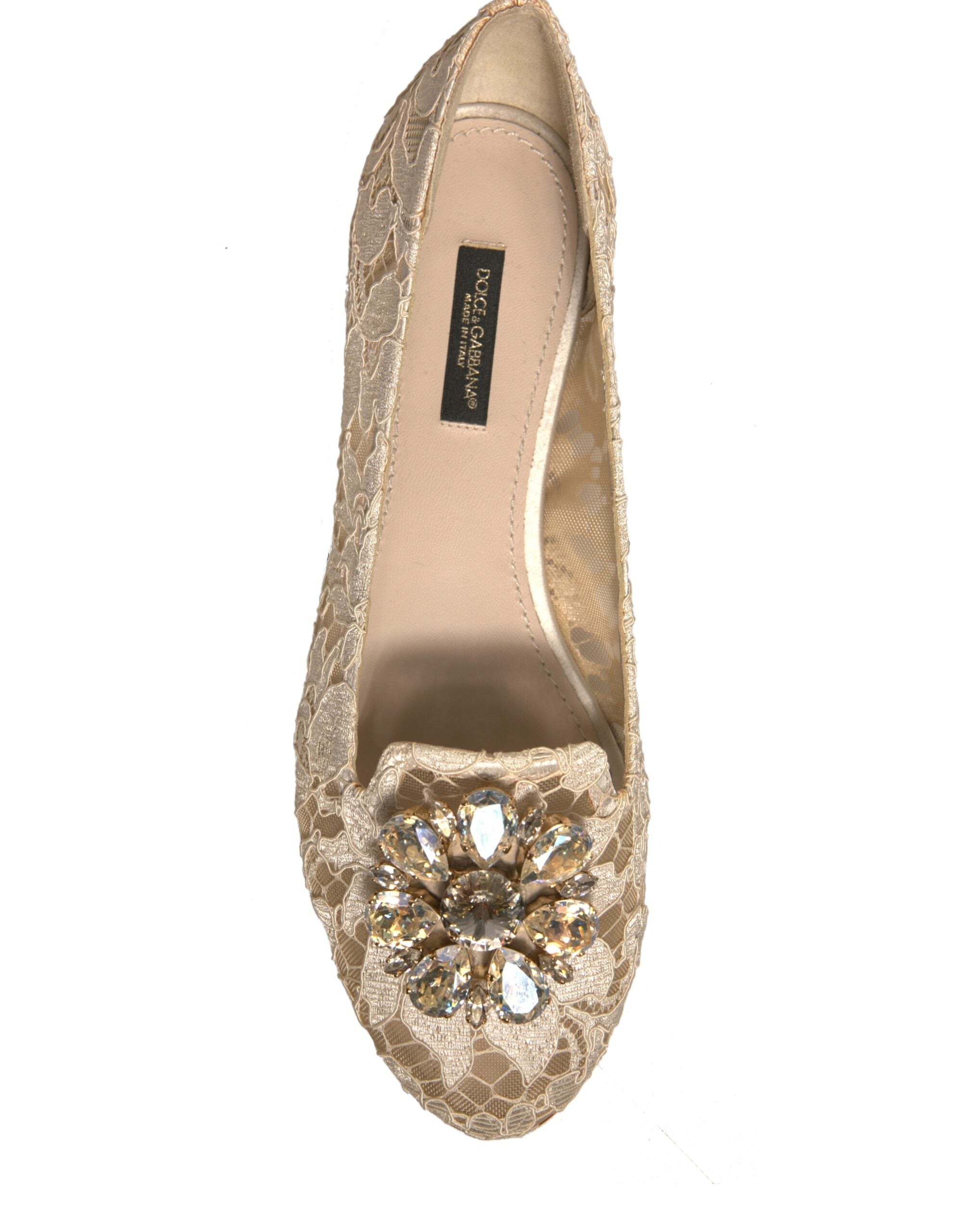 Dolce & Gabbana Beige Crystal Loafer Lace Ballet Flats Shoes