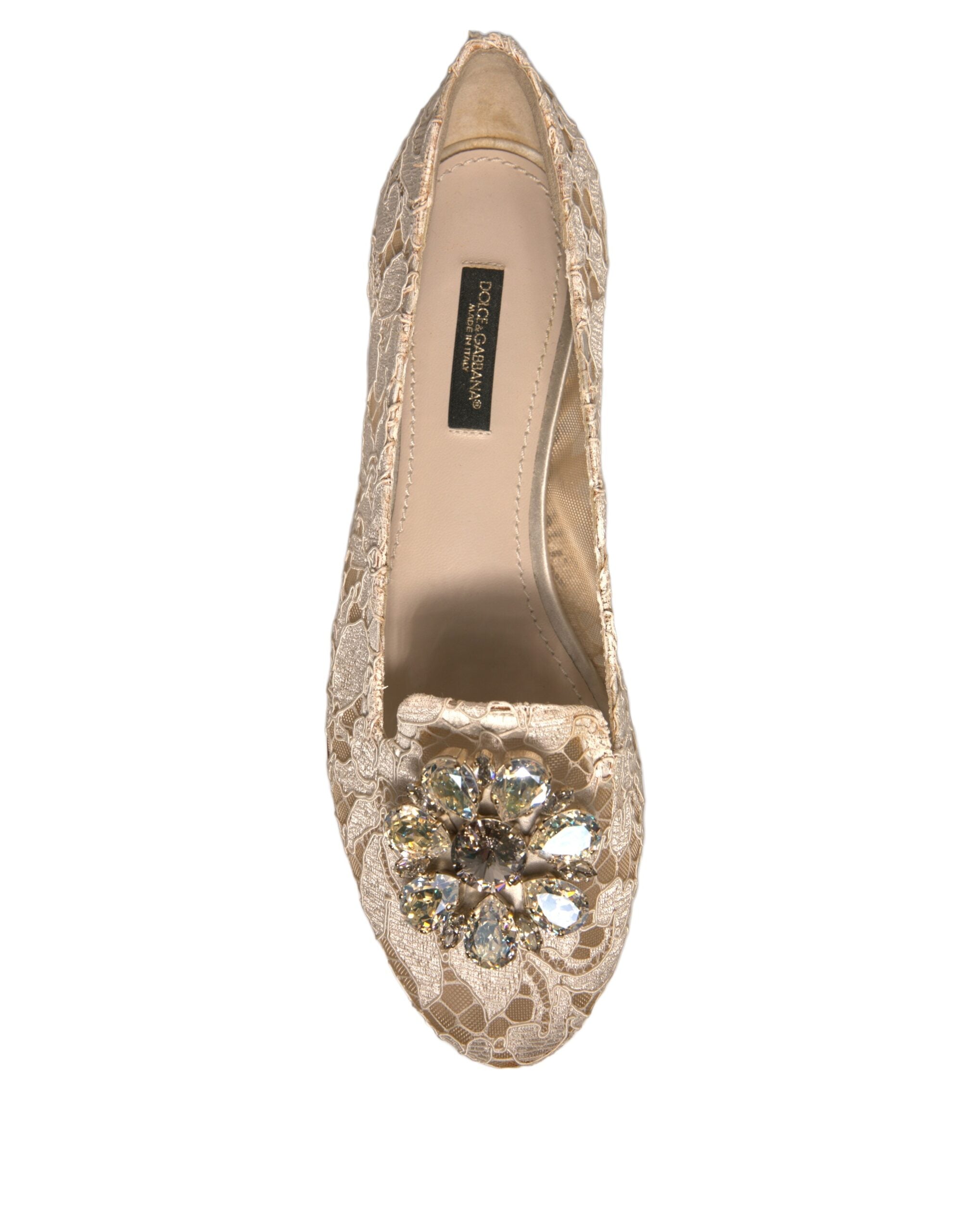 Dolce & Gabbana Beige Crystal Loafer Lace Ballet Flats Shoes