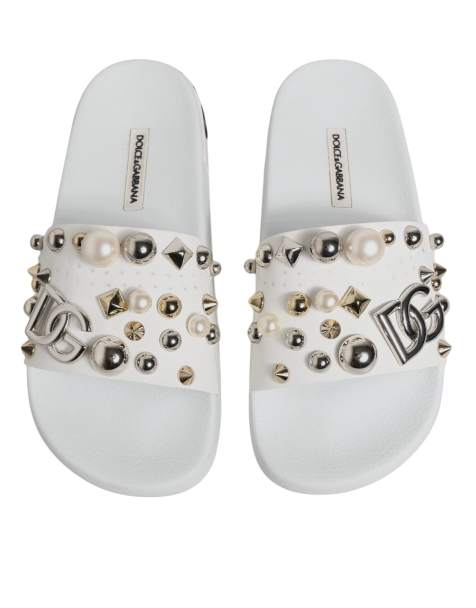 Dolce & Gabbana White Embellished Slides Sandals Shoes