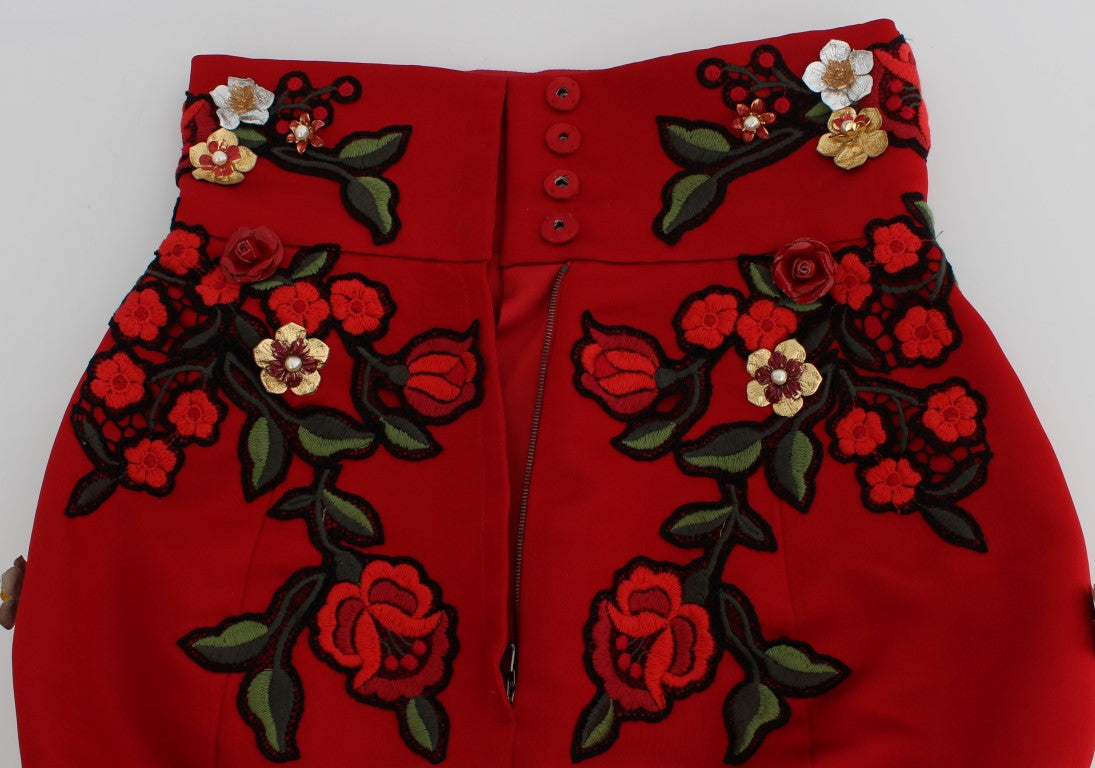 Dolce & Gabbana Glamorous Red Silk Floral Embroidered Shorts