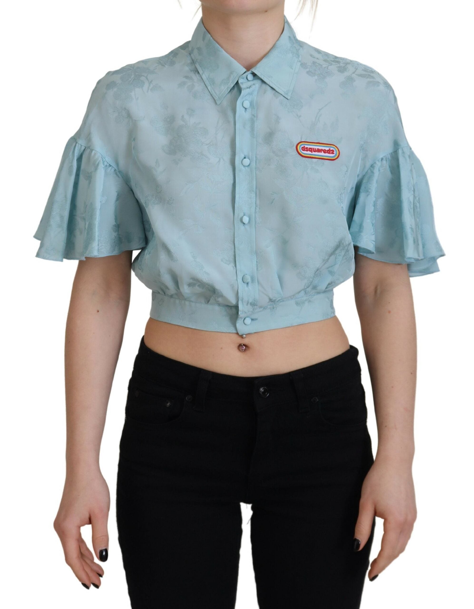 Dsquared² Blue Collared Button Down Short Sleeve Cropped Top