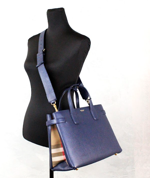 Burberry Banner Medium Regency Blue Leather Tote Crossbody Handbag Purse