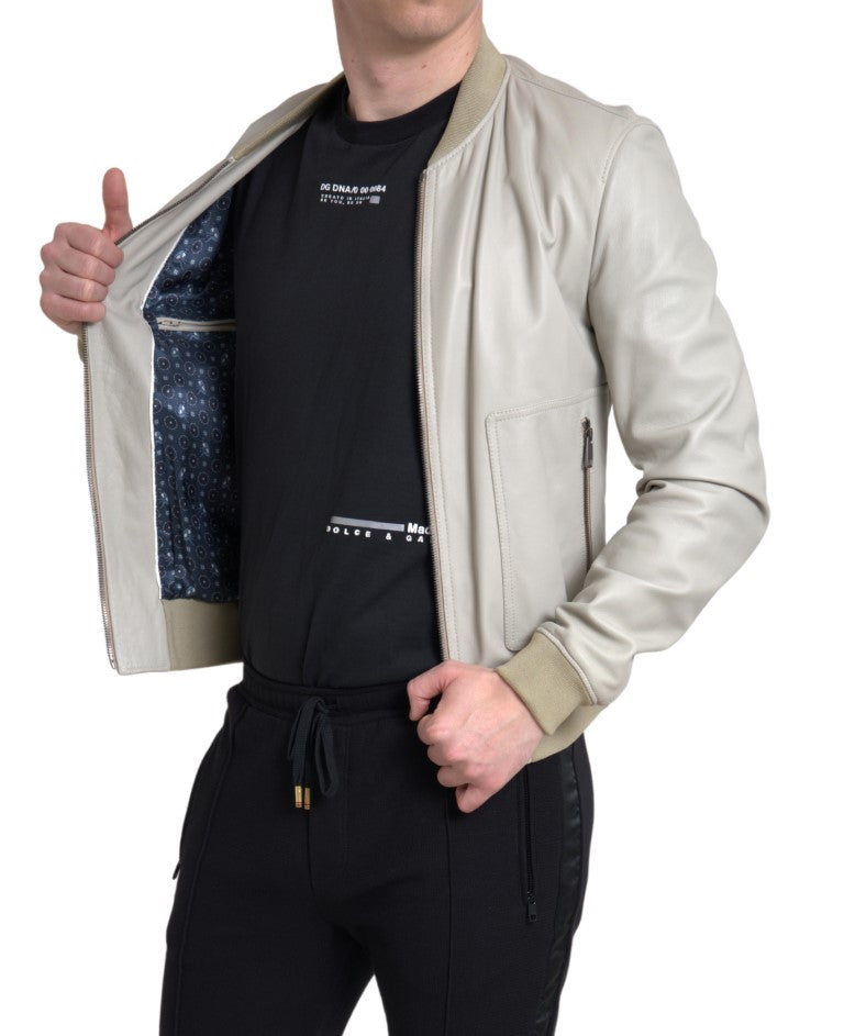 Dolce & Gabbana Cream Leather Bomber Jacket