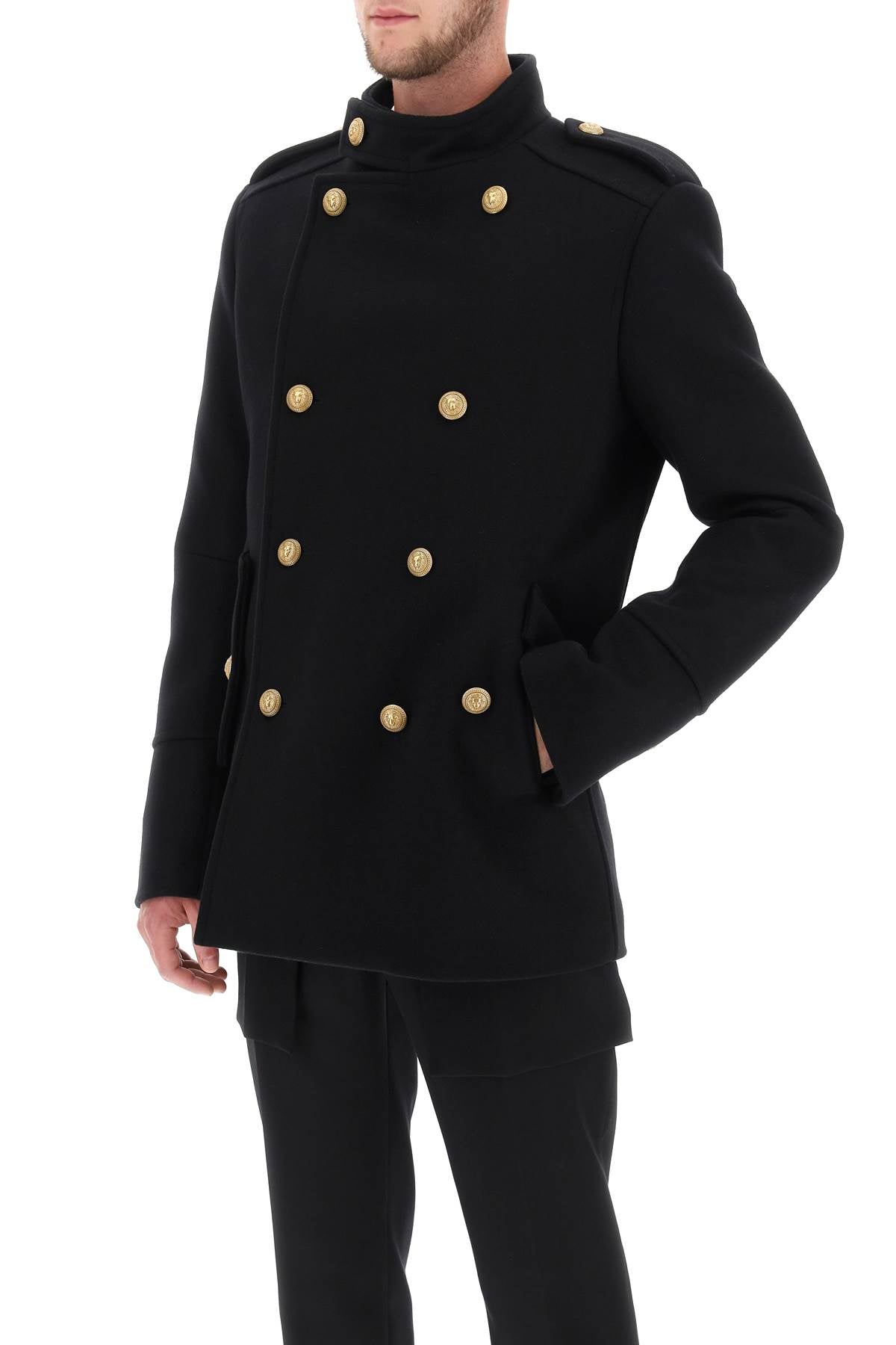 Balmain double-breasted peacoat with embossed buttons