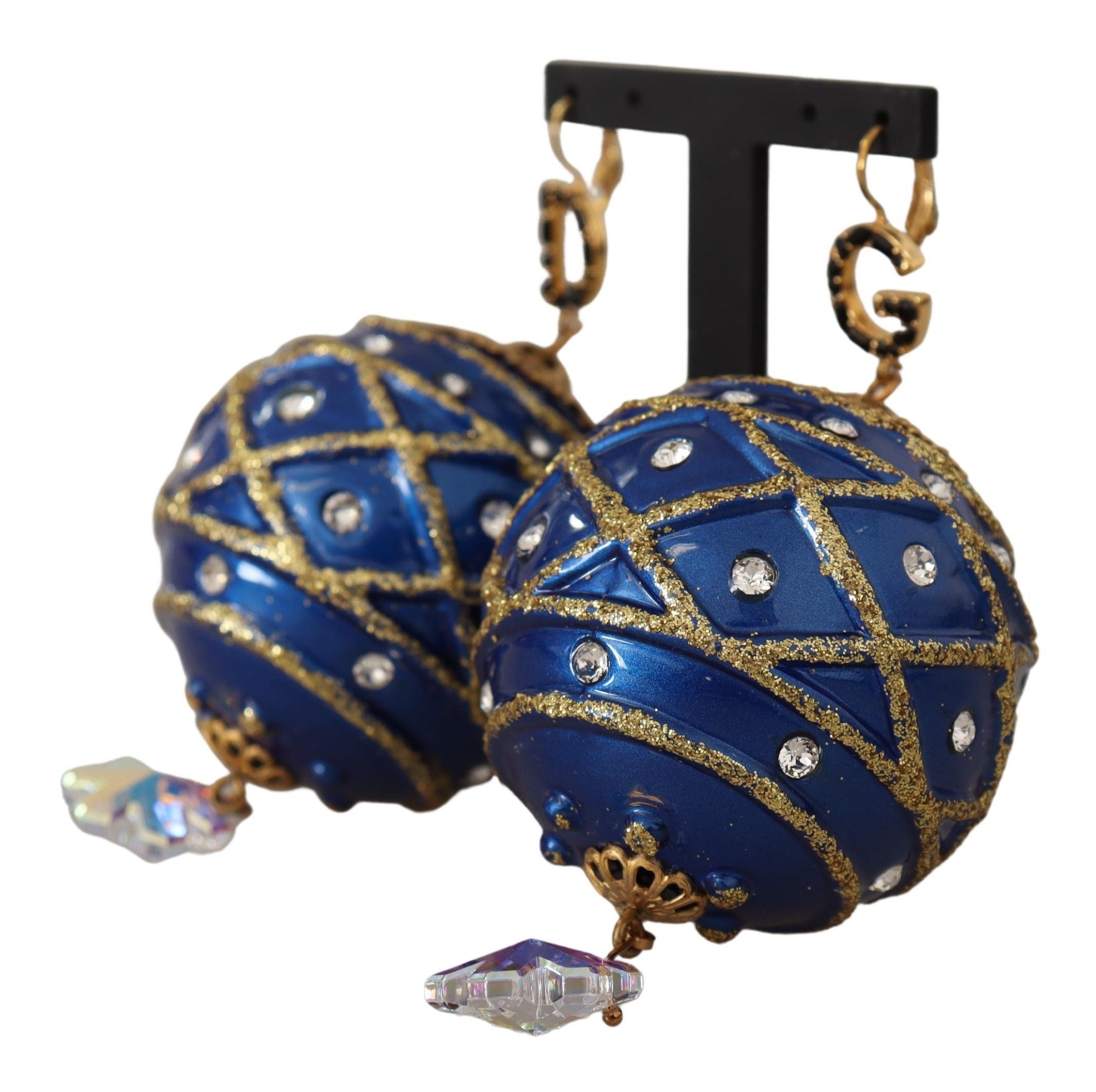 Dolce & Gabbana Blue Christmas Ball Crystal Hook Gold Brass Earrings