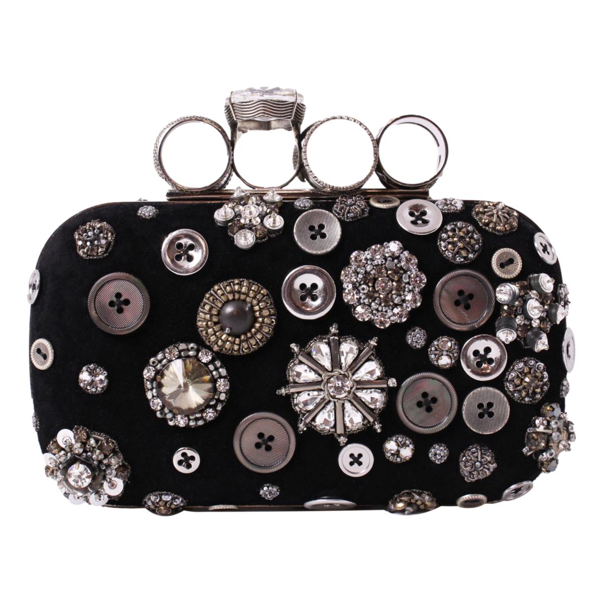 Alexander McQueen Black Embellished Four-Ring Box Clutch