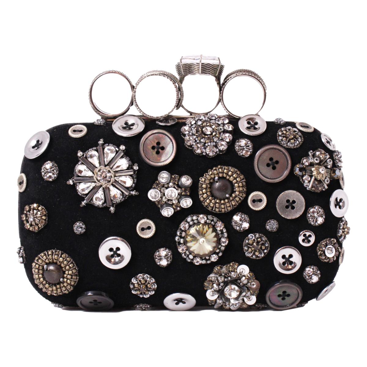 Alexander McQueen Black Embellished Four-Ring Box Clutch