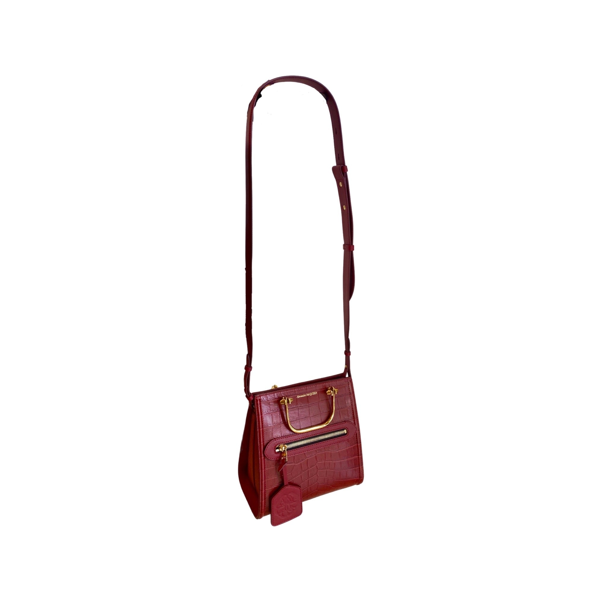 Alexander McQueen The Short Story Burgundy Croc Print Leather Satchel