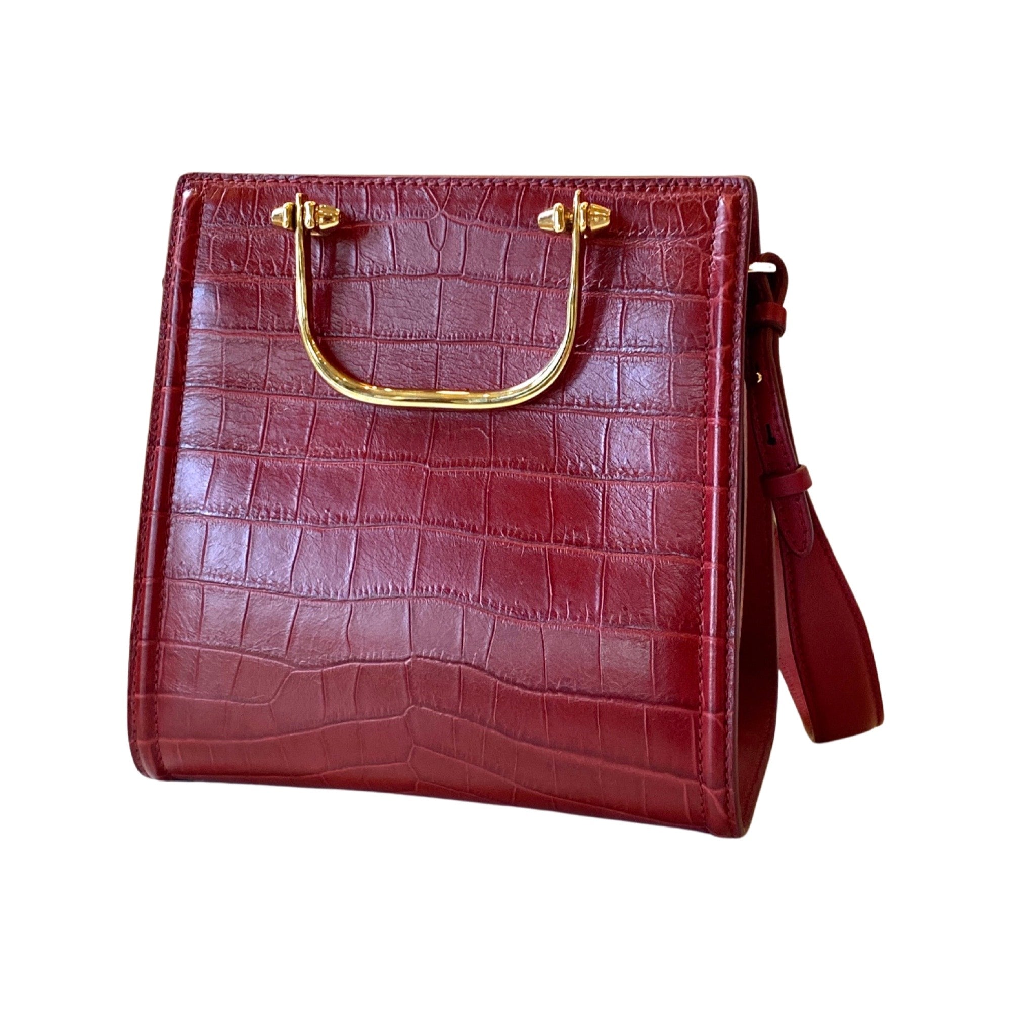 Alexander McQueen The Short Story Burgundy Croc Print Leather Satchel