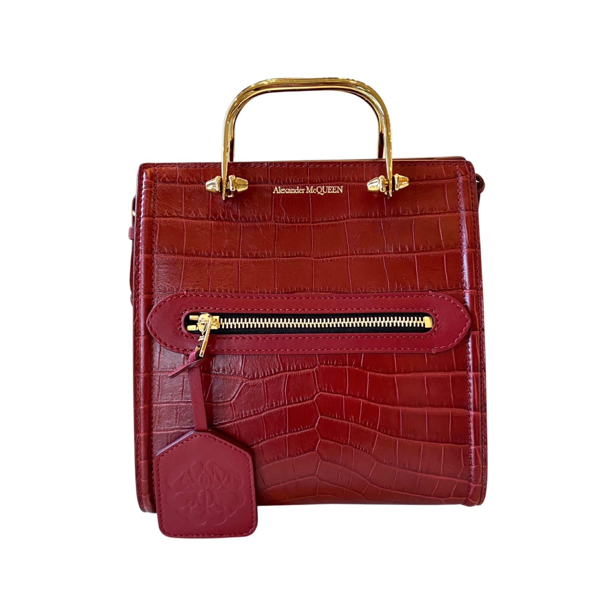 Alexander McQueen The Short Story Burgundy Croc Print Leather Satchel