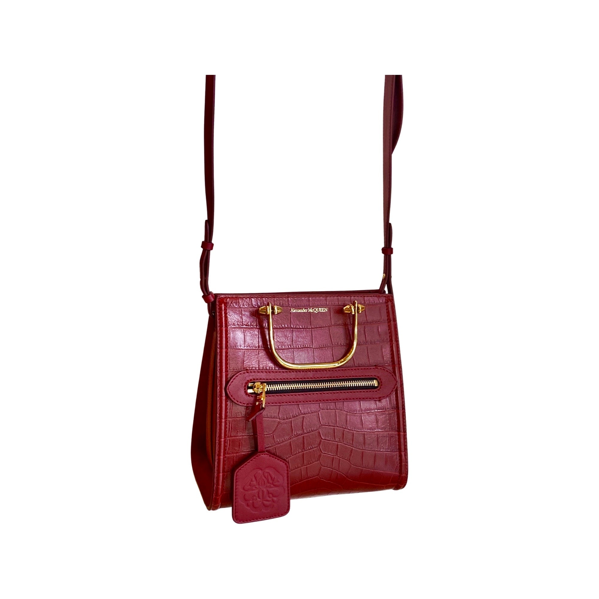 Alexander McQueen The Short Story Burgundy Croc Print Leather Satchel