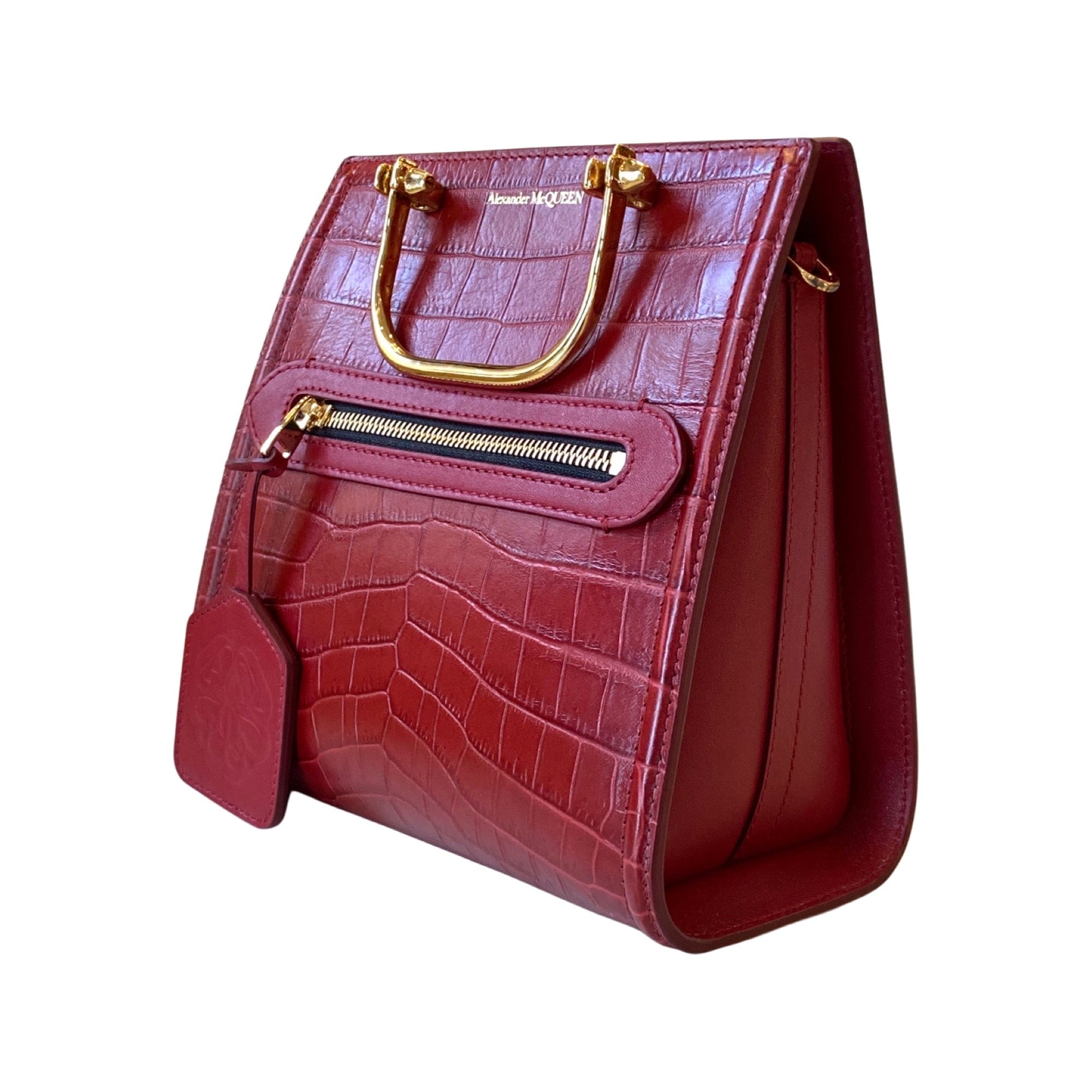 Alexander McQueen The Short Story Burgundy Croc Print Leather Satchel