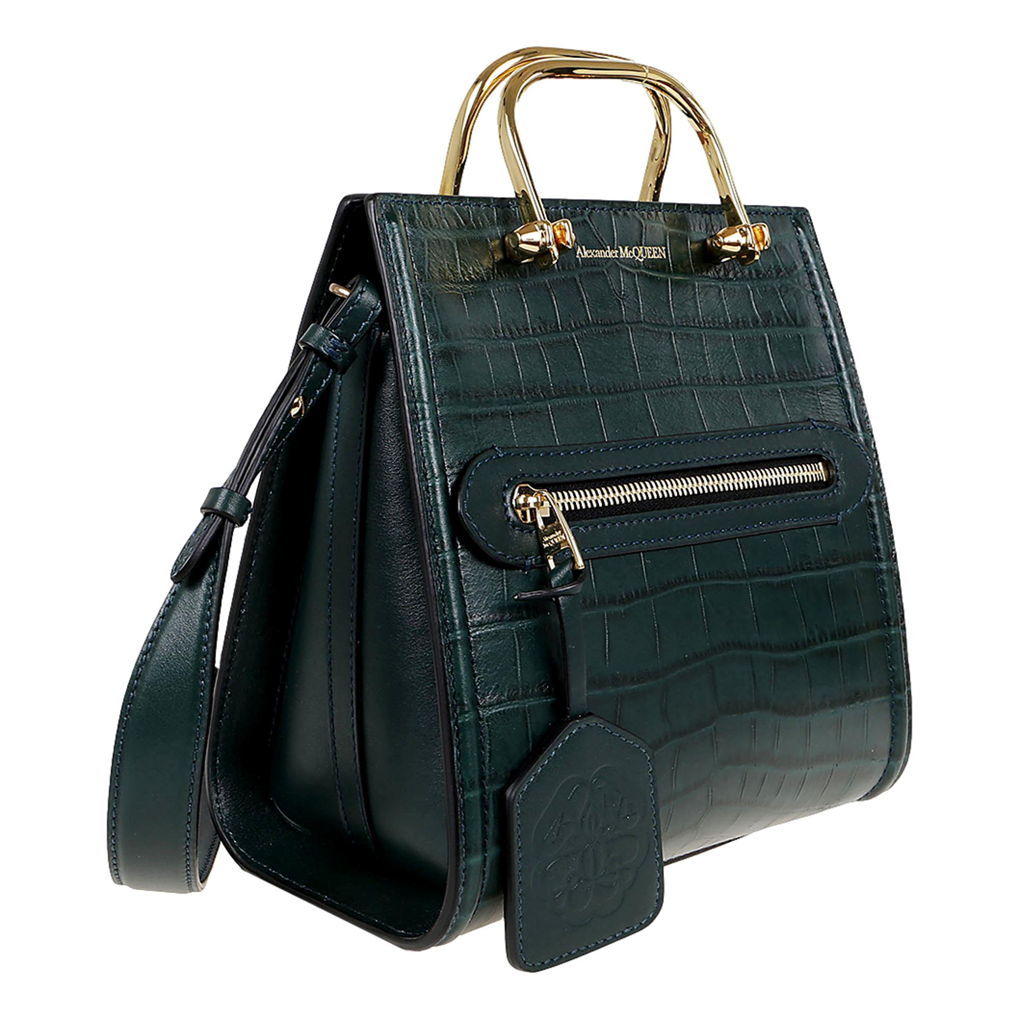 Alexander McQueen The Short Story Forest Green Croc Print Leather Satchel