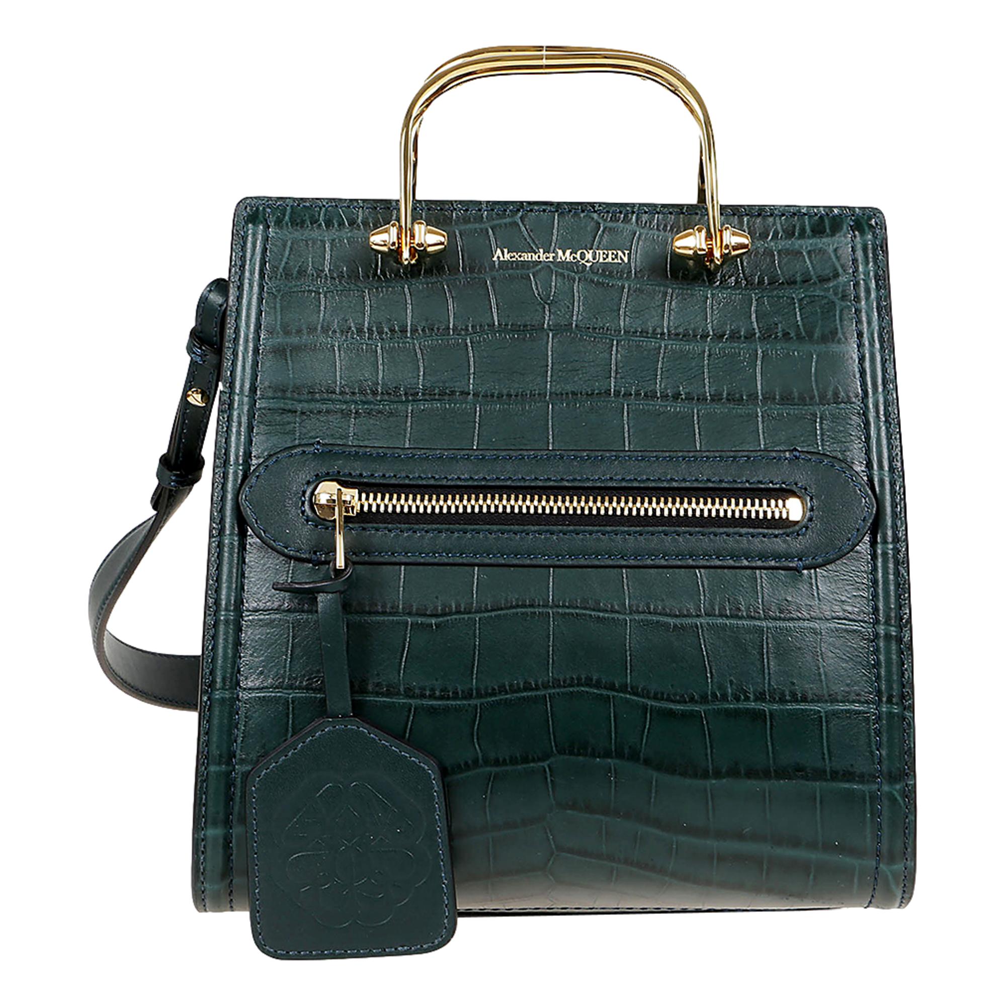 Alexander McQueen The Short Story Forest Green Croc Print Leather Satchel