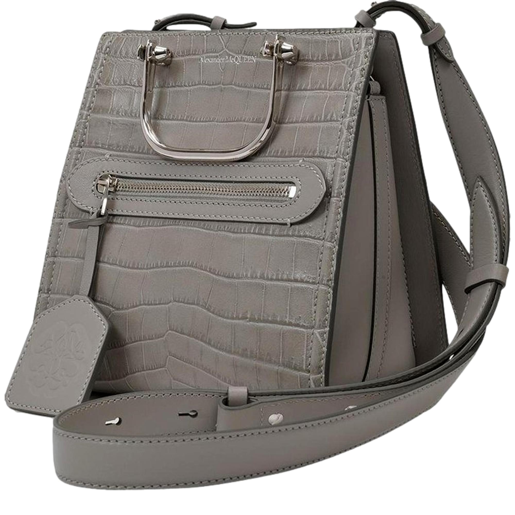 Alexander McQueen The Short Story Grey Croc Print Leather Satchel