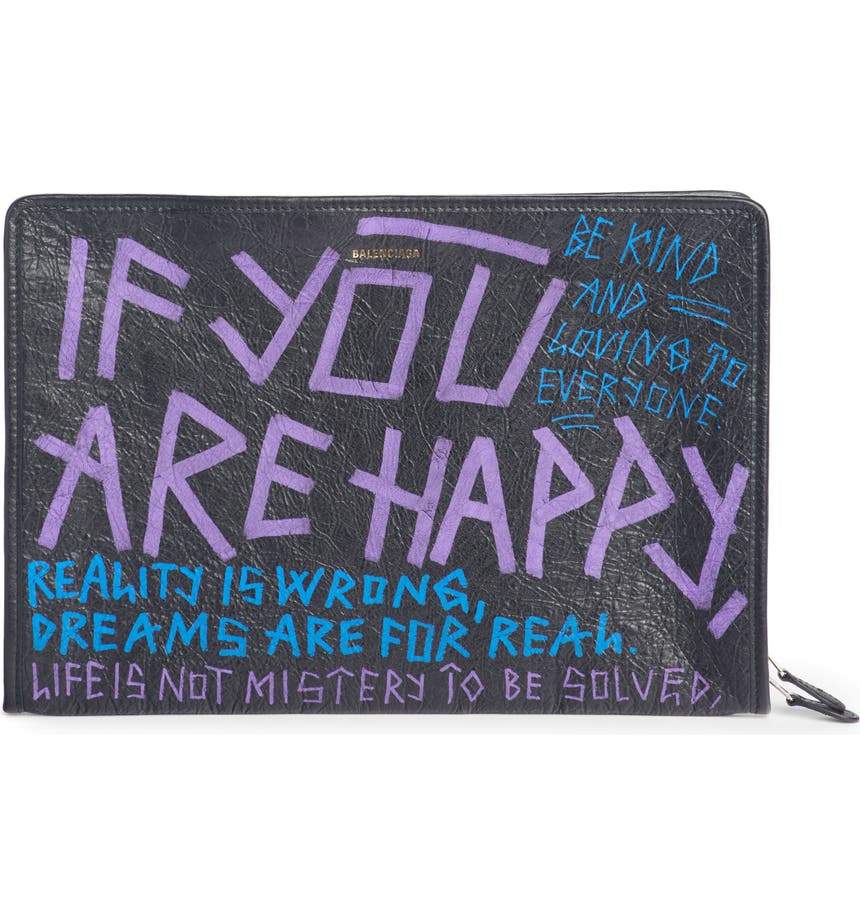 Balenciaga Bazar Graffiti Purple Blue Black Arena Leather Pouch