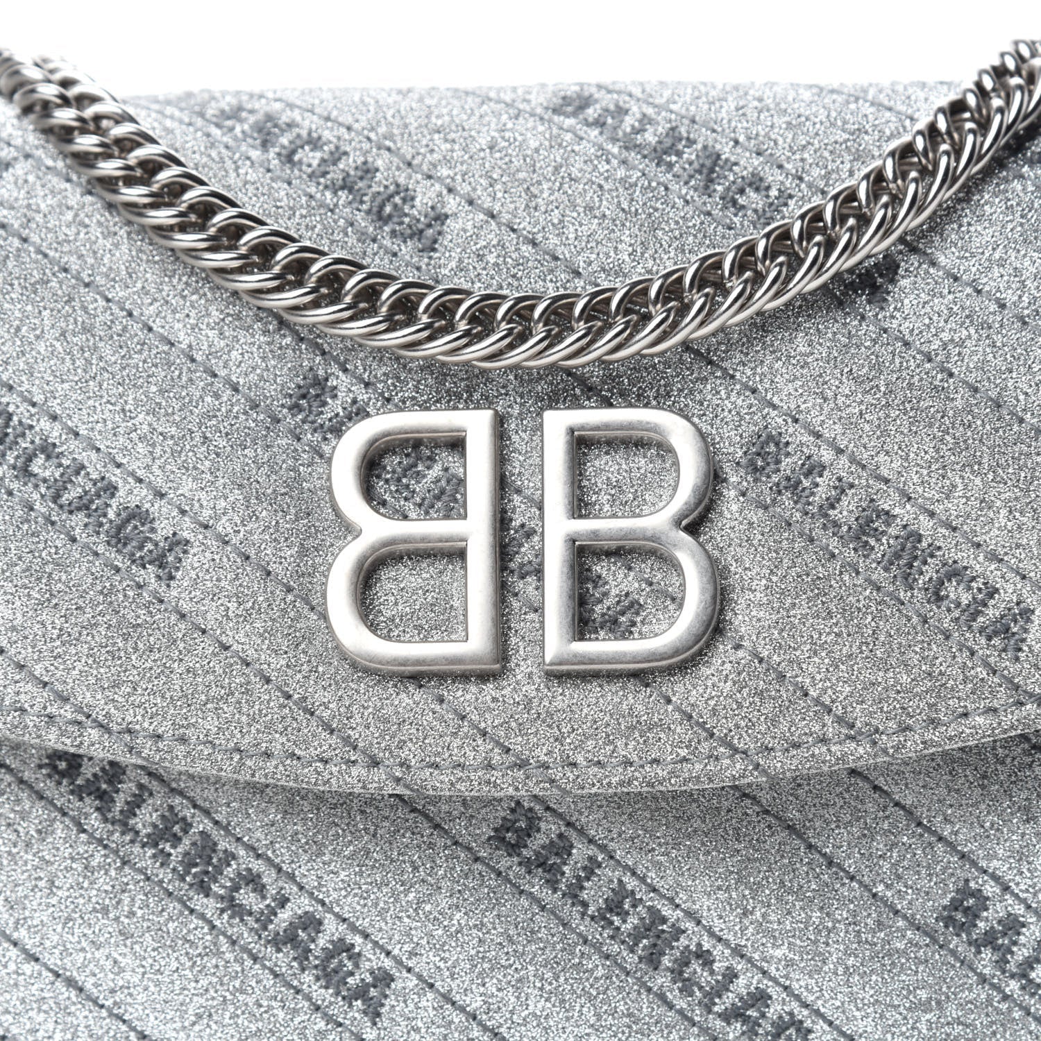 Balenciaga BB Silver Glittered Leather Wallet on Chain Bag