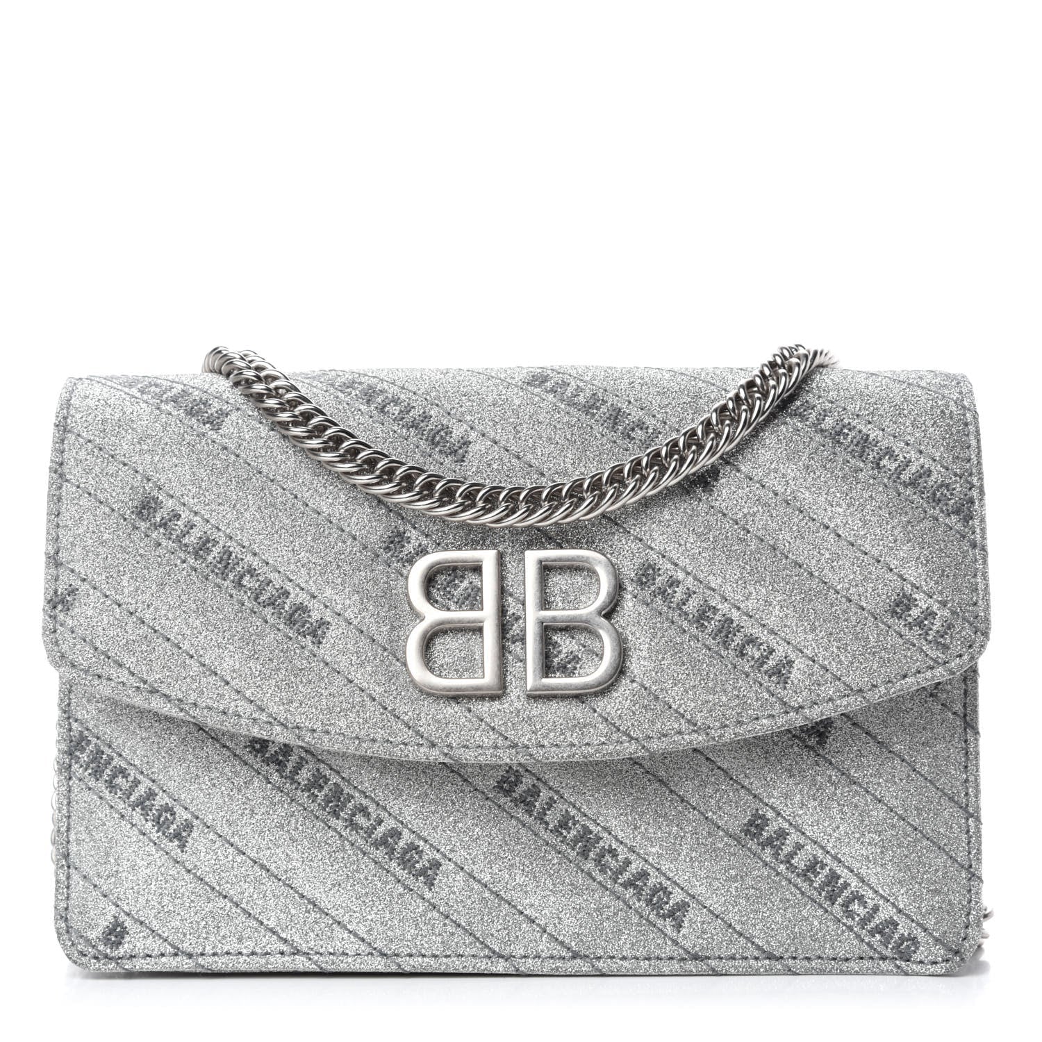 Balenciaga BB Silver Glittered Leather Wallet on Chain Bag