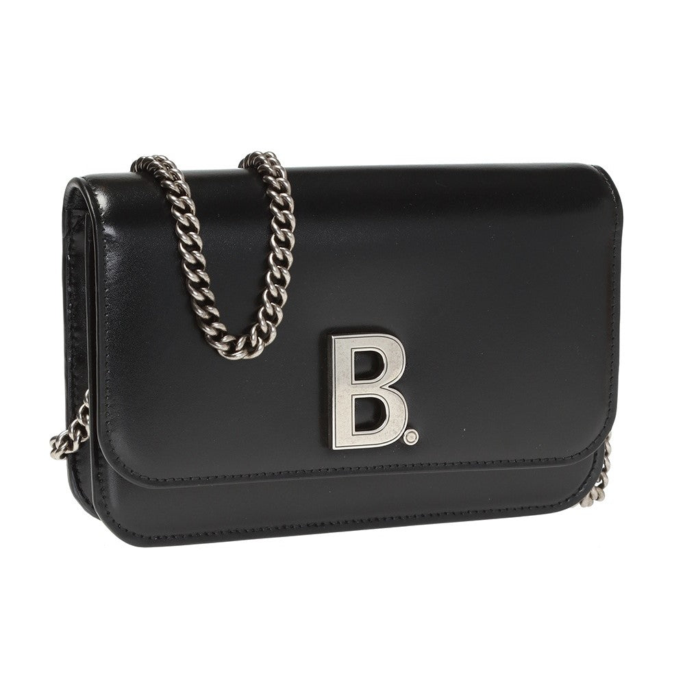 Balenciaga Black Calfskin Leather Silver Logo Chain Wallet Bag