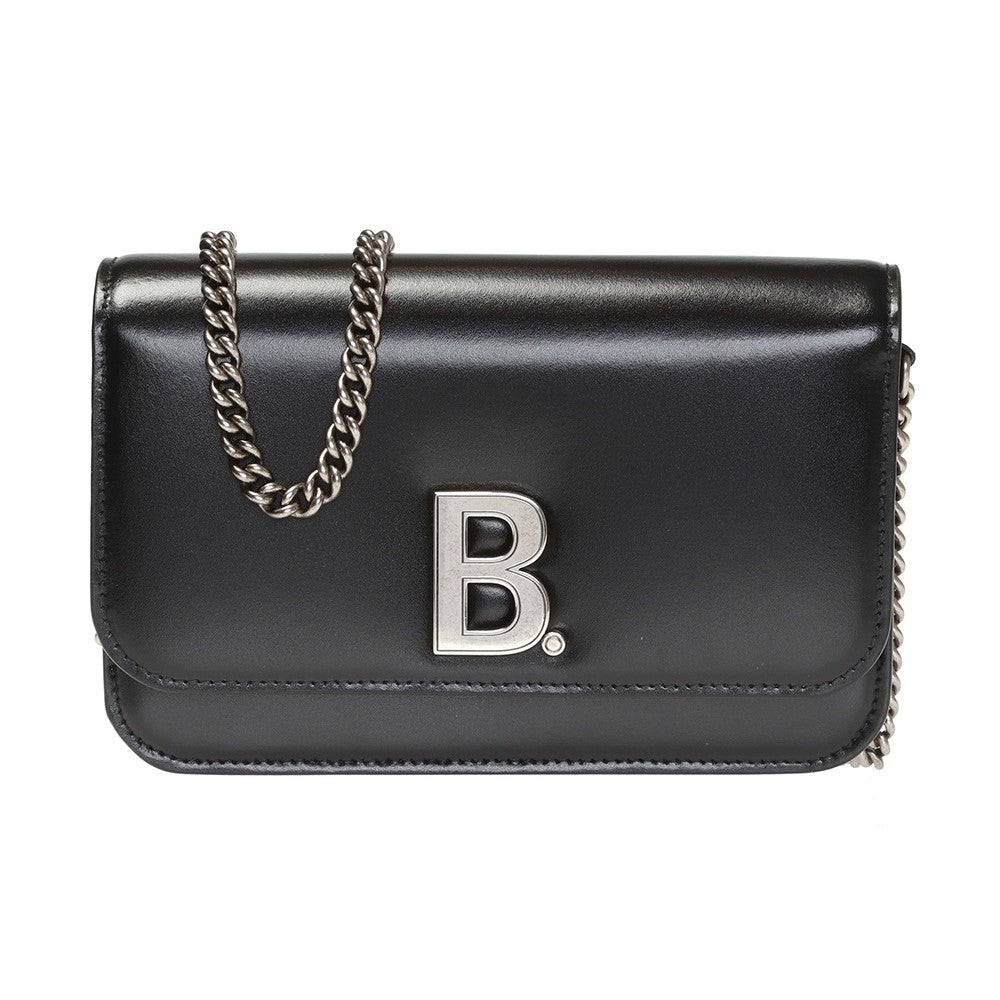 Balenciaga Black Calfskin Leather Silver Logo Chain Wallet Bag