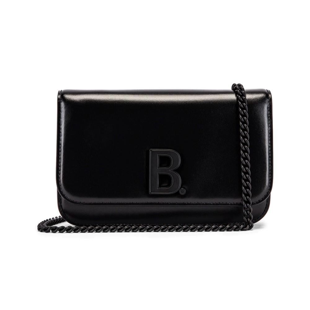 Balenciaga Black Shiny Calfskin Leather Chain Wallet Shoulder Bag