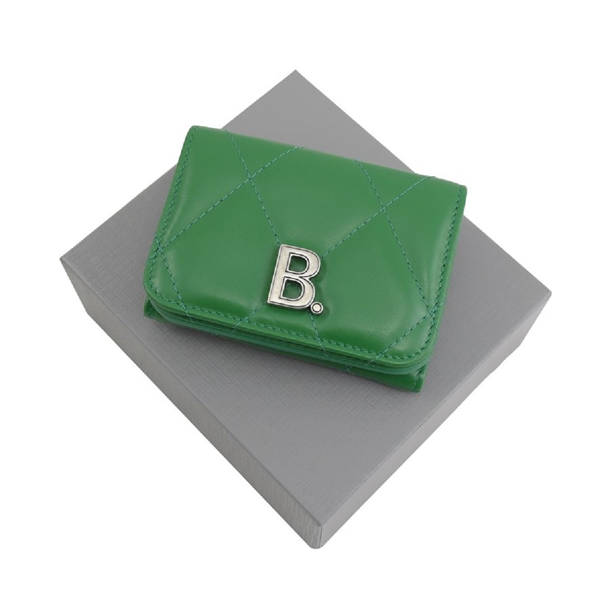 Balenciaga Touch Leaf Green Nappa Leather Quilted Mini Trifold Wallet