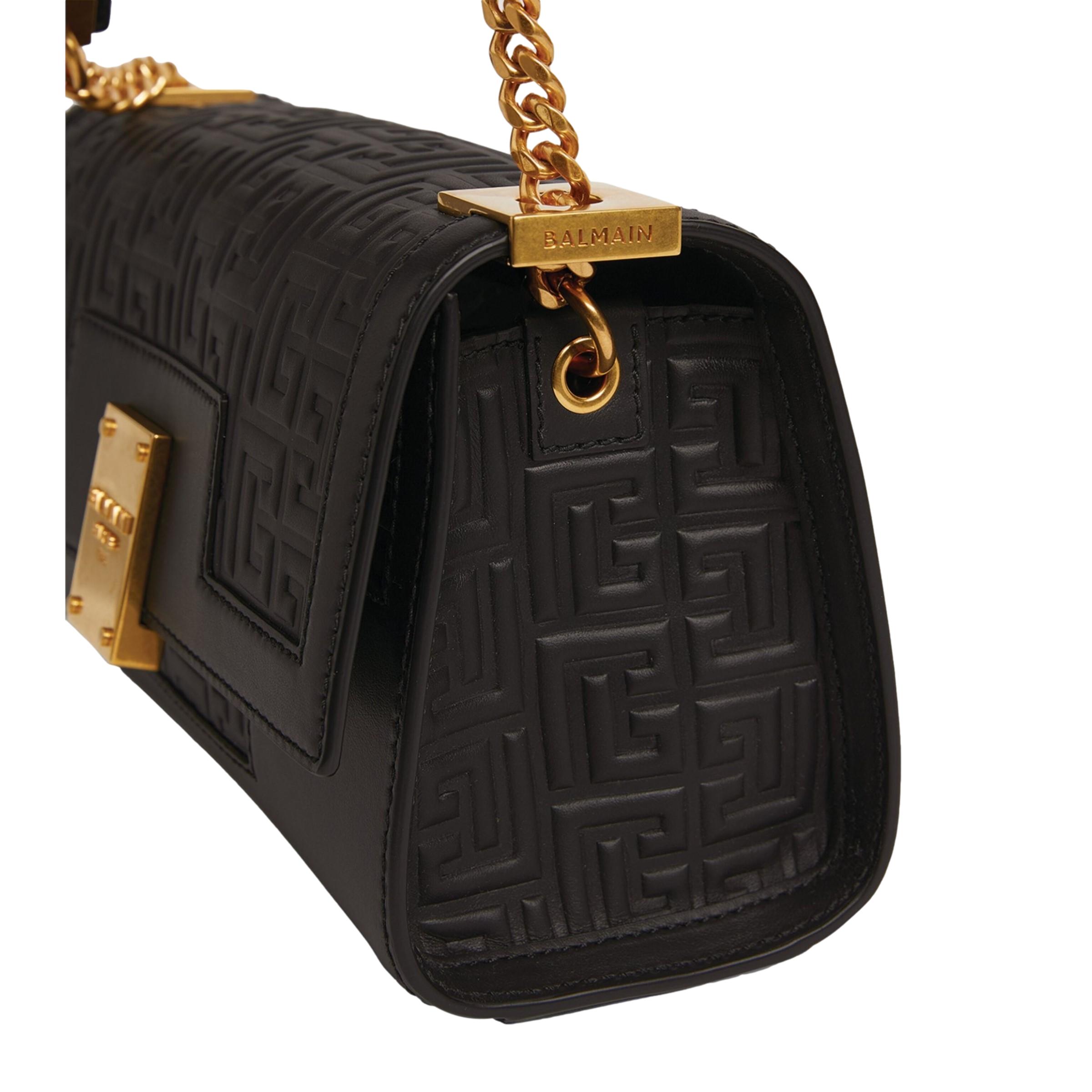 Balmain 1945 Black Leather Embossed Flap Medium Shoulder Bag