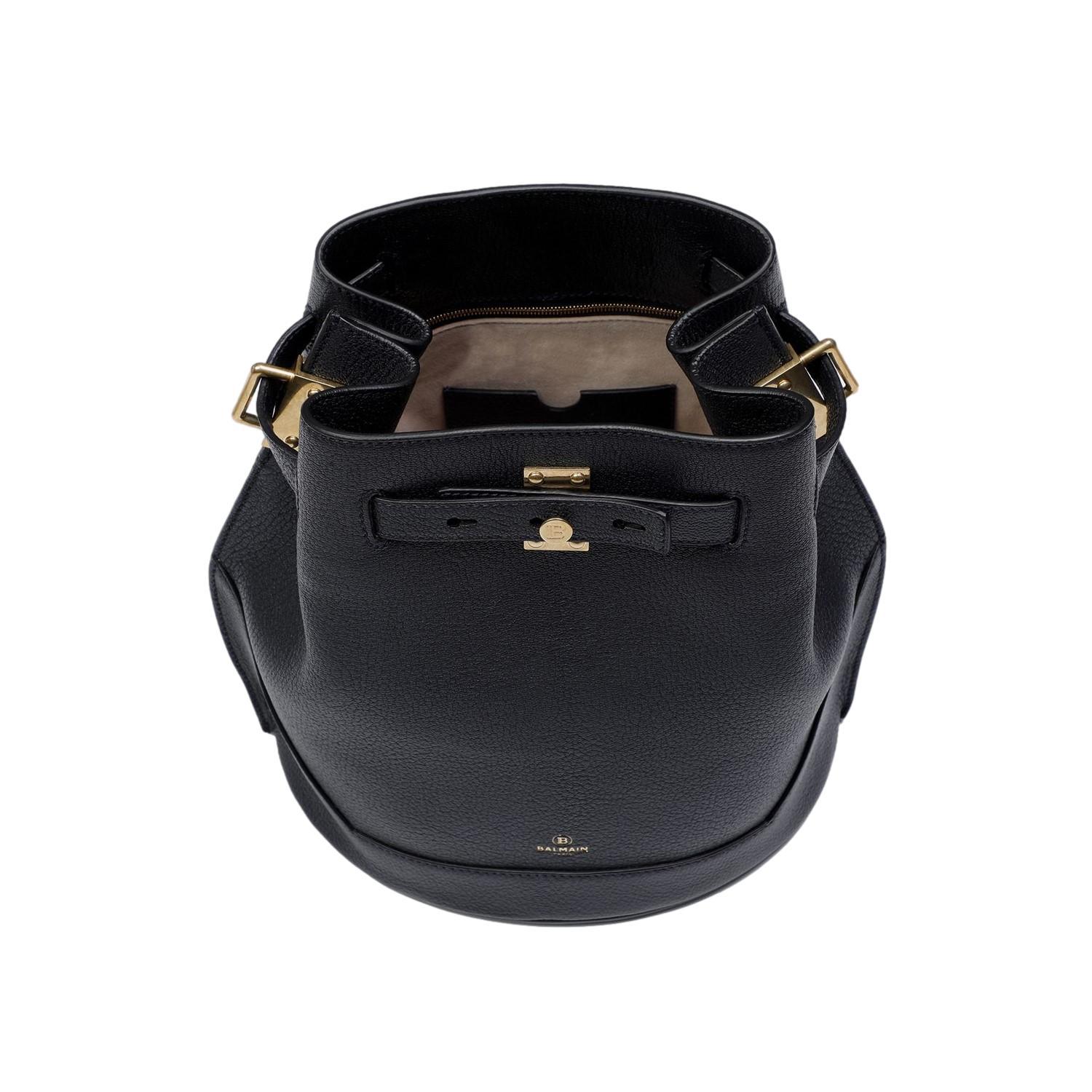 Balmain B-Belted 27 Black Goat Leather Convertible Backpack Bucket Bag