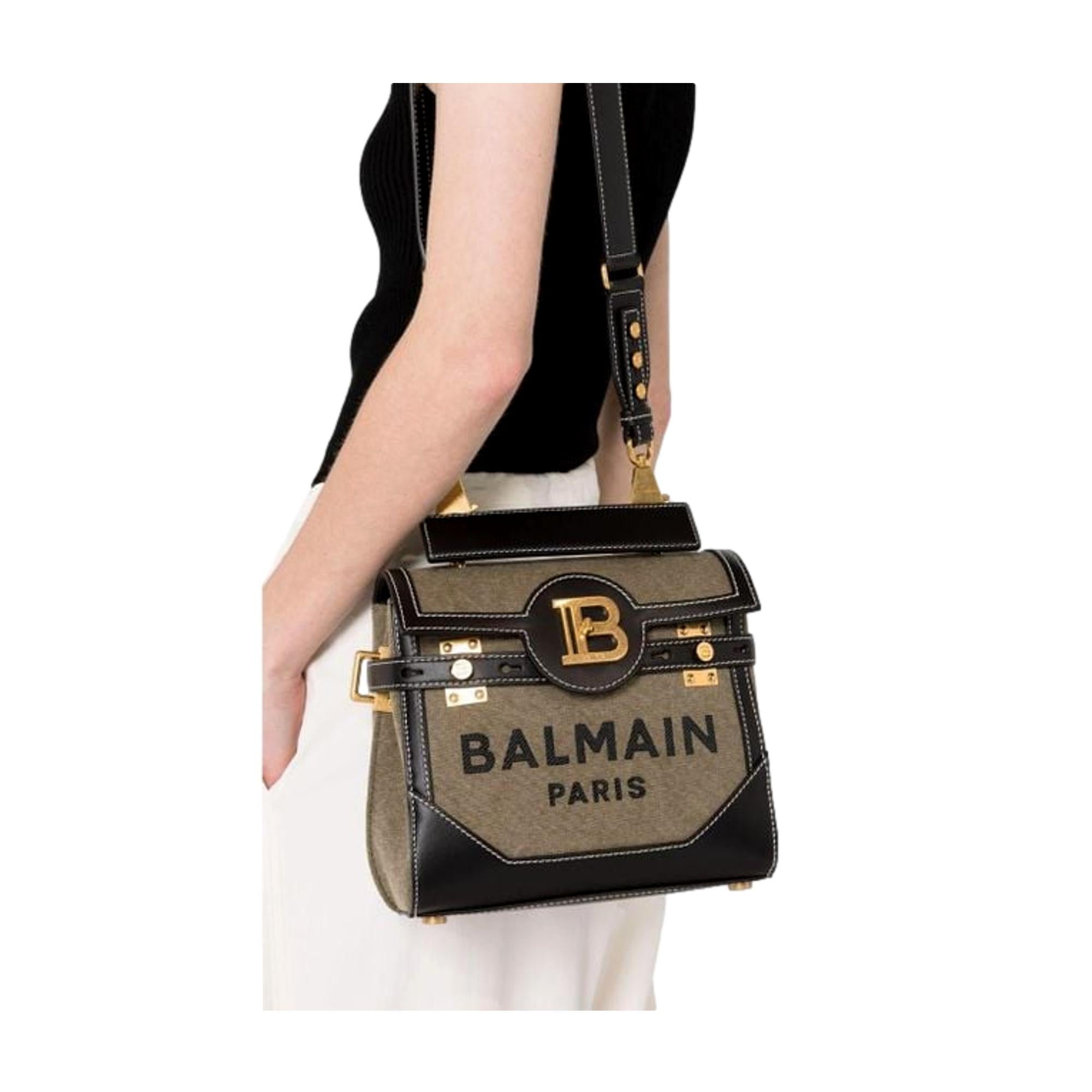 Balmain B-Buzz 23 Khaki Green Canvas Top Handle Satchel