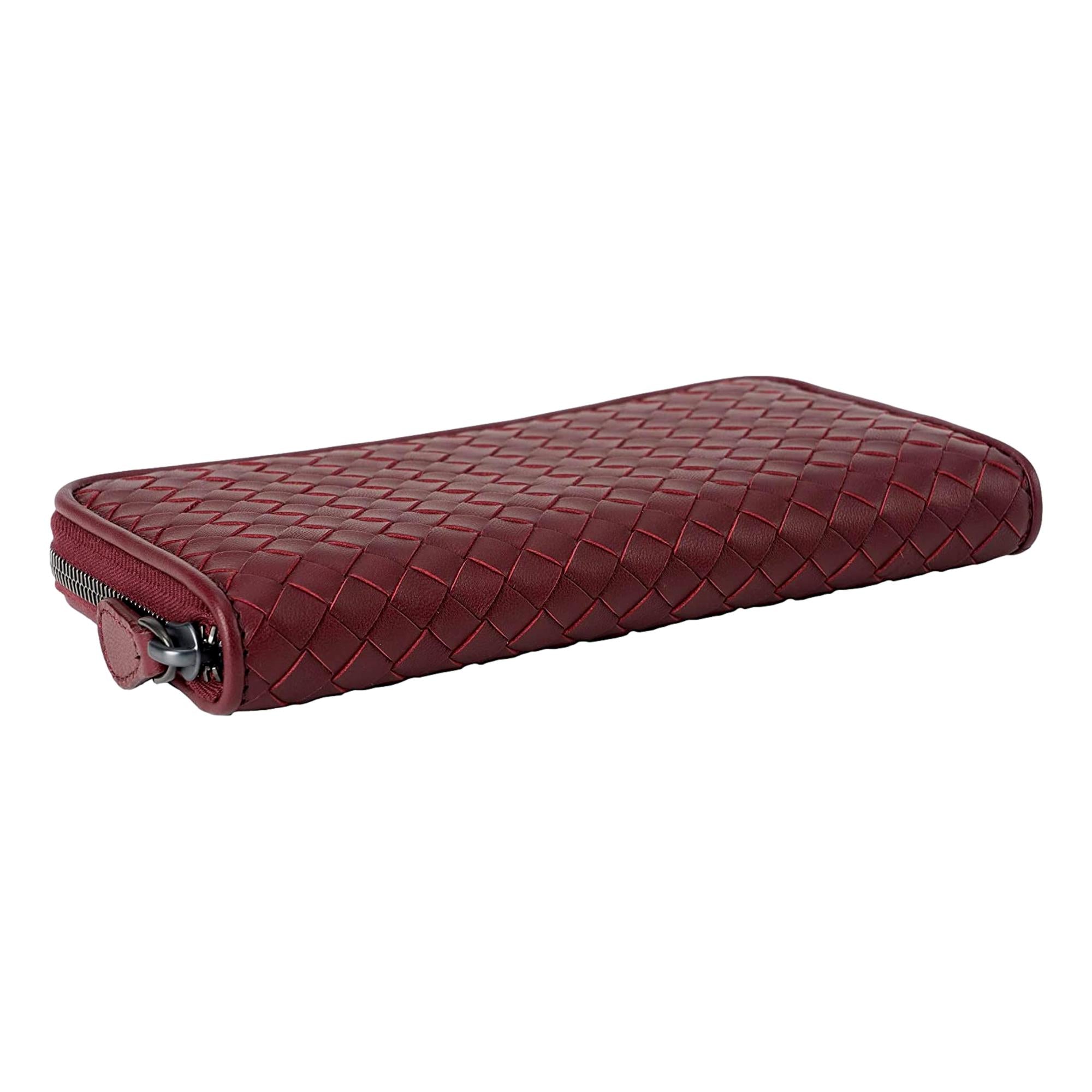 Bottega Veneta Intrecciato Zipper French Calf Leather Wallet Bordeaux