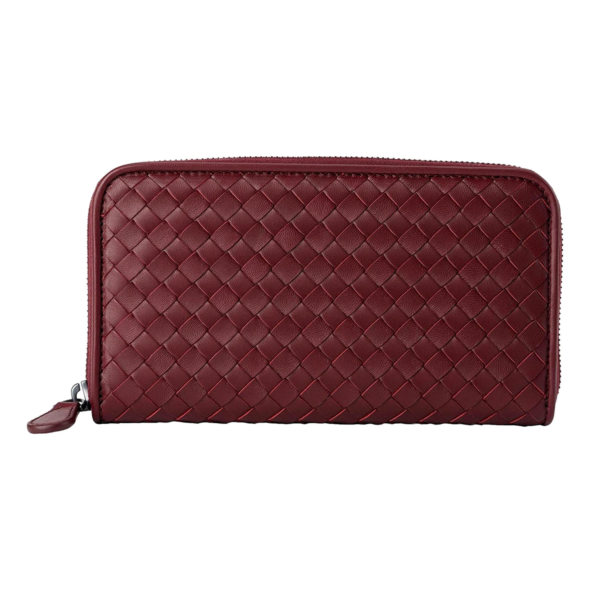 Bottega Veneta Intrecciato Zipper French Calf Leather Wallet Bordeaux