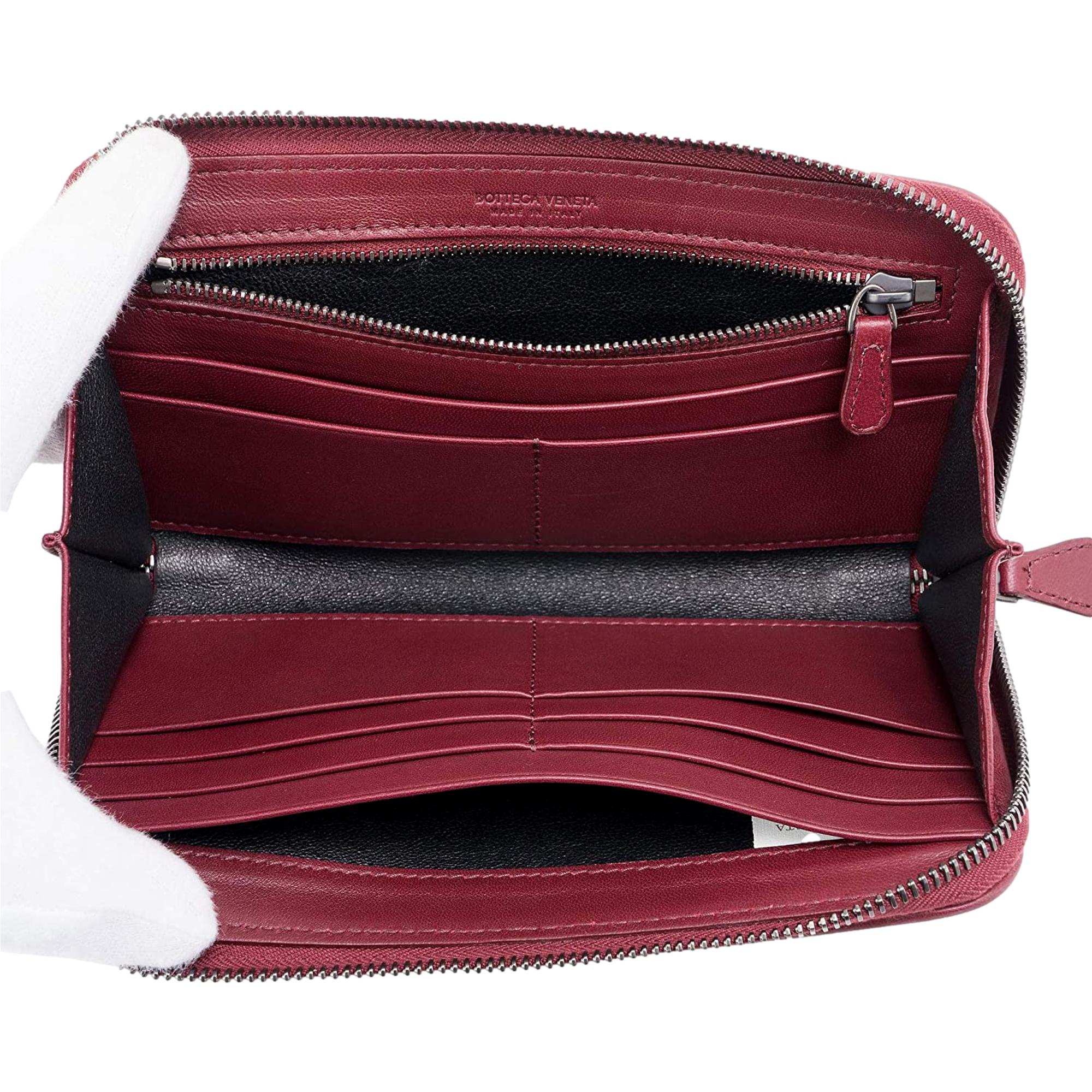 Bottega Veneta Intrecciato Zipper French Calf Leather Wallet Bordeaux