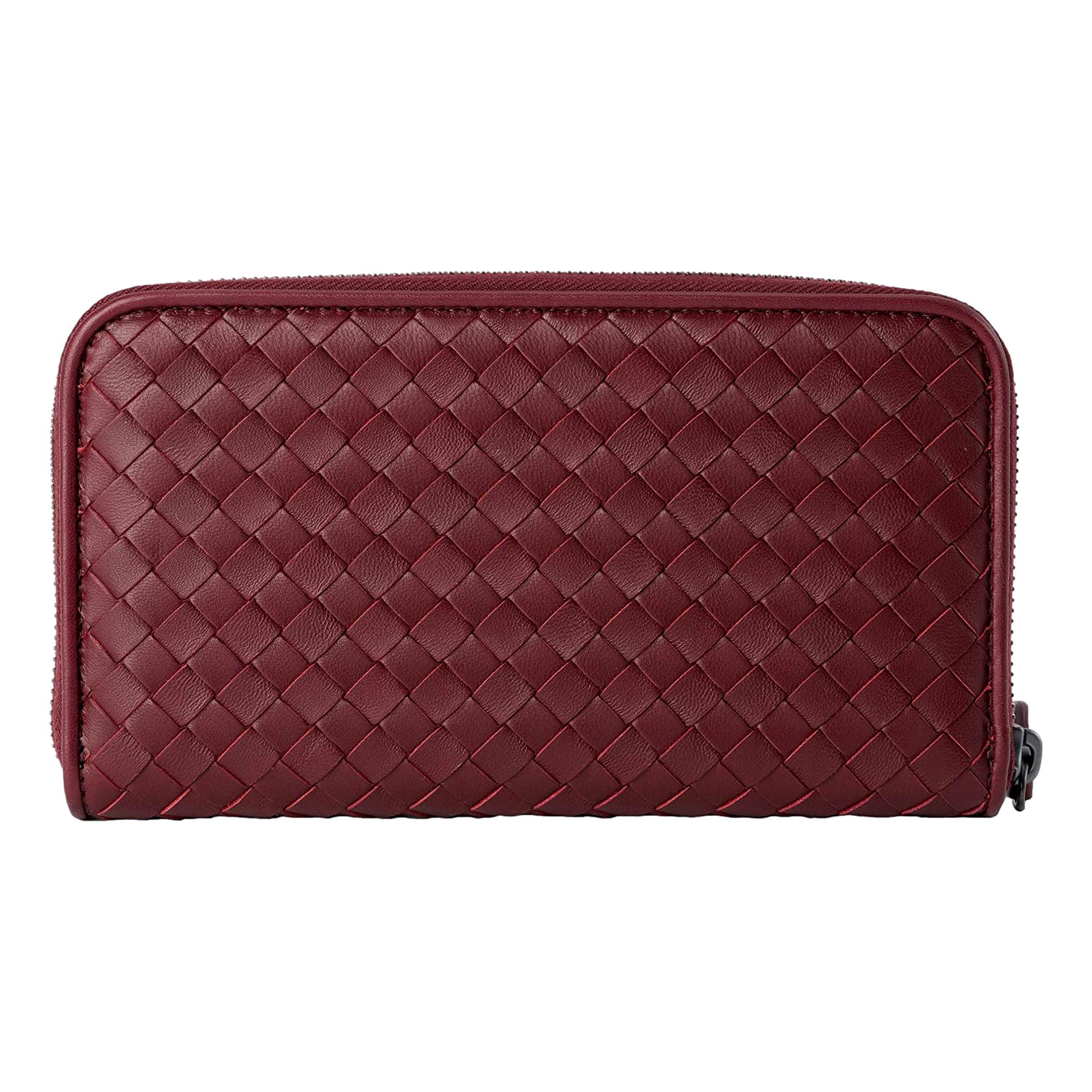 Bottega Veneta Intrecciato Zipper French Calf Leather Wallet Bordeaux