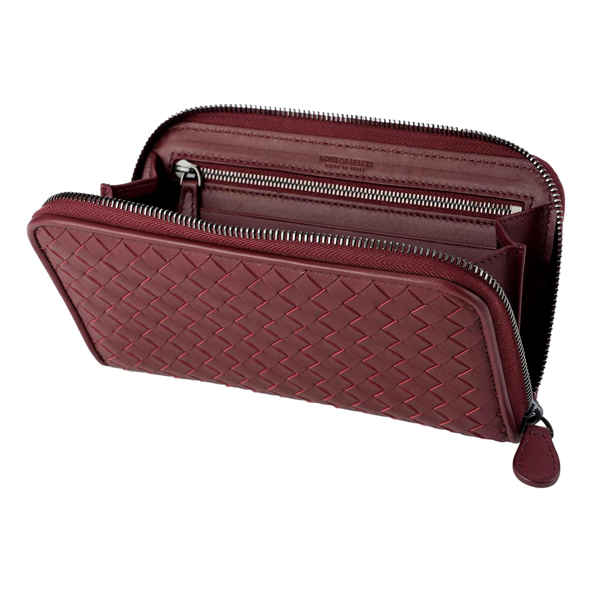 Bottega Veneta Intrecciato Zipper French Calf Leather Wallet Bordeaux