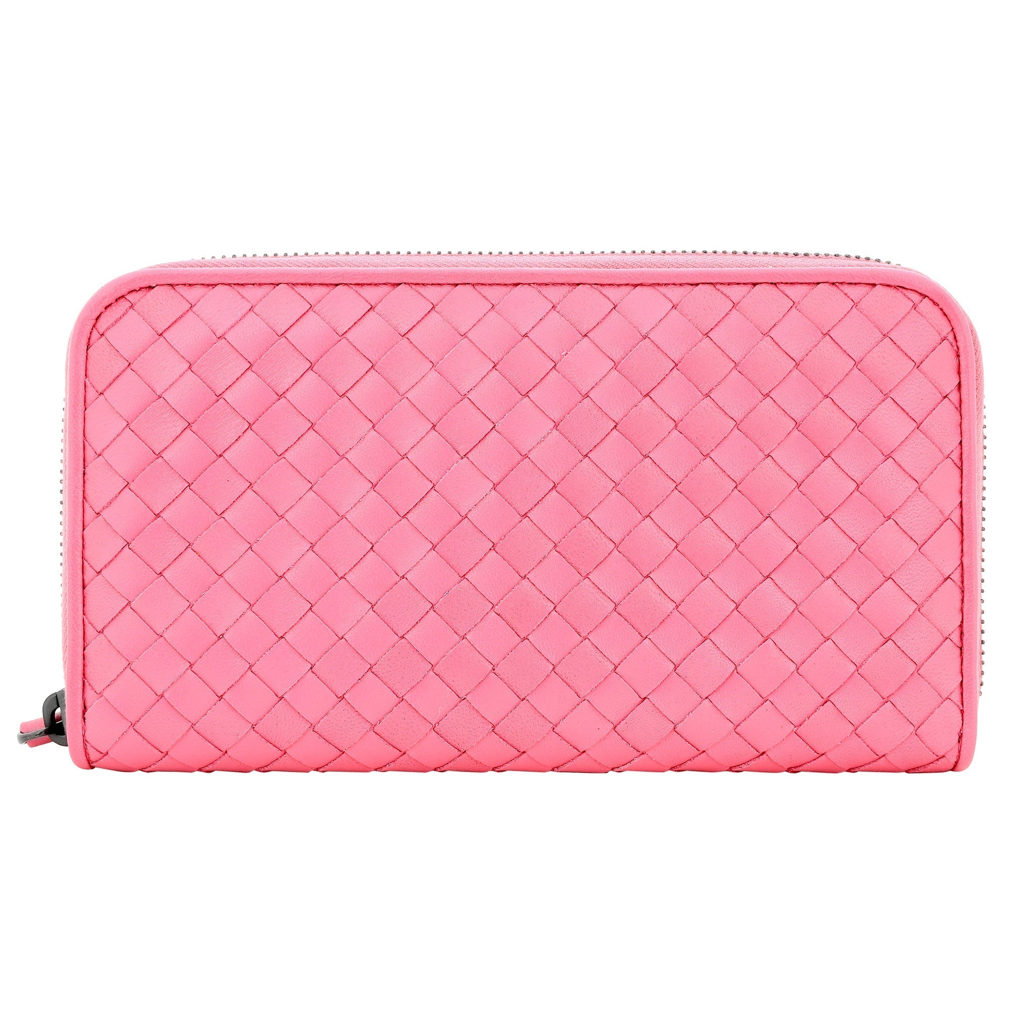 Bottega Veneta Intrecciato Zipper French Calf Leather Wallet Pink