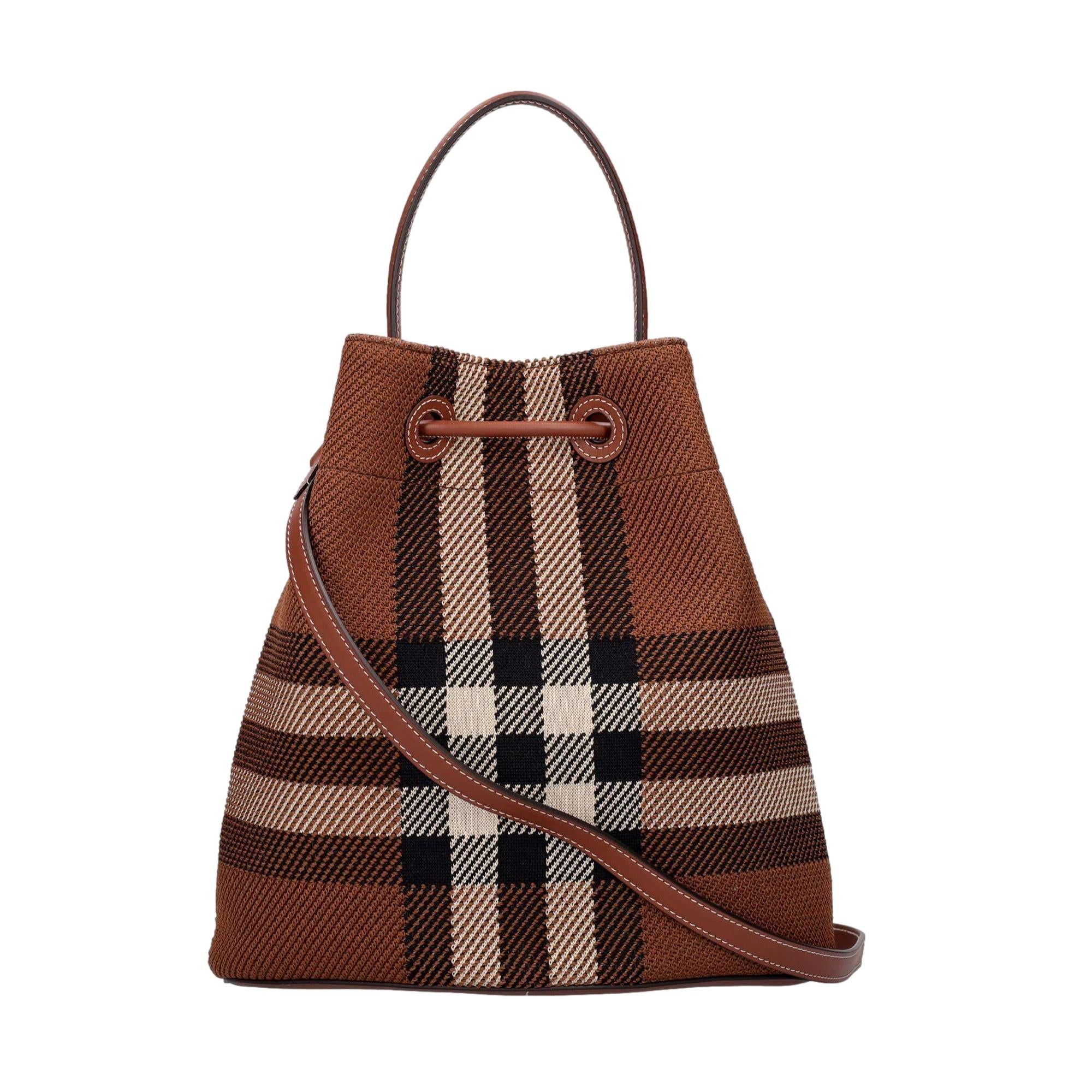 Burberry TB Dark Birch Knitted Check and Leather Small Drawstring Bucket Bag