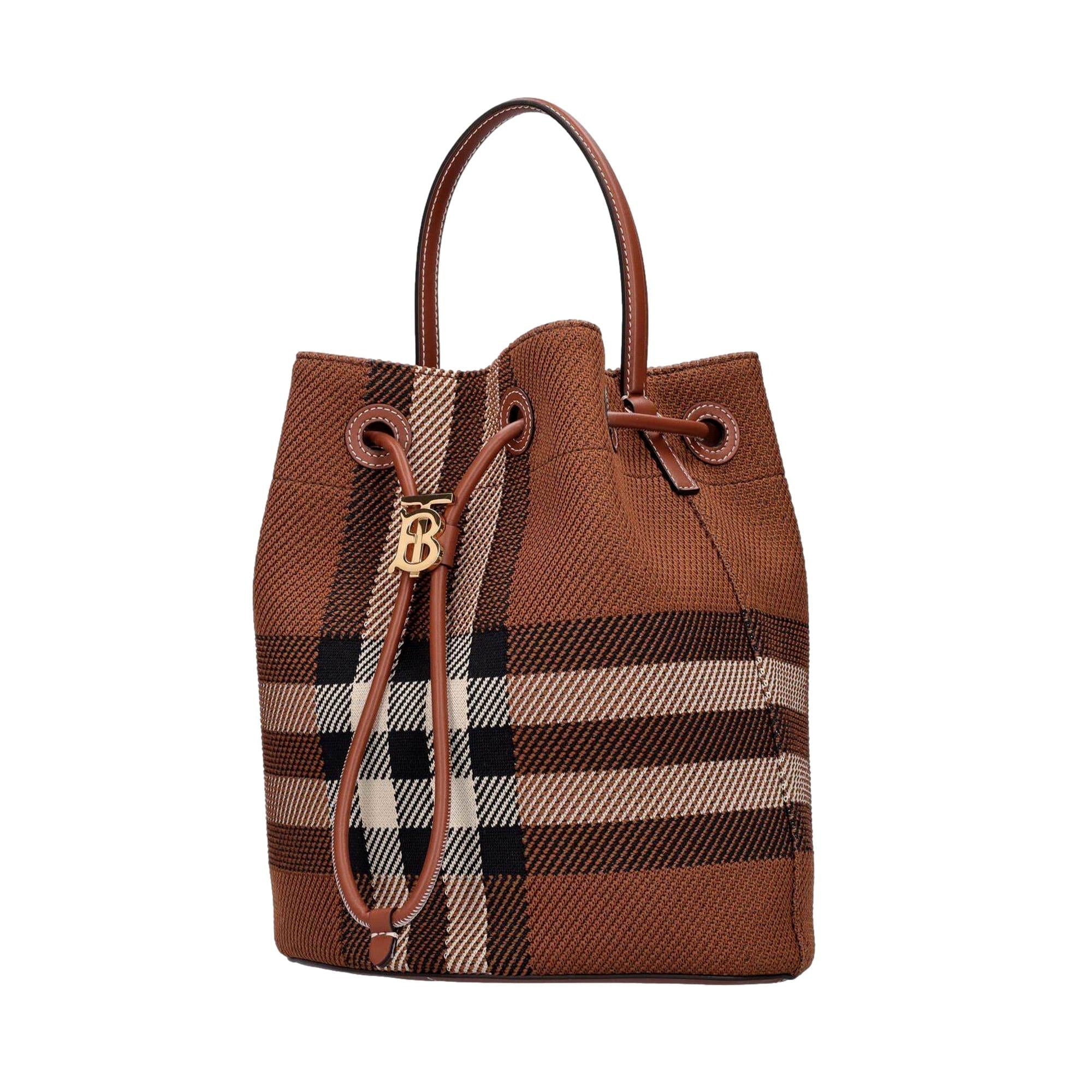 Burberry TB Dark Birch Knitted Check and Leather Small Drawstring Bucket Bag