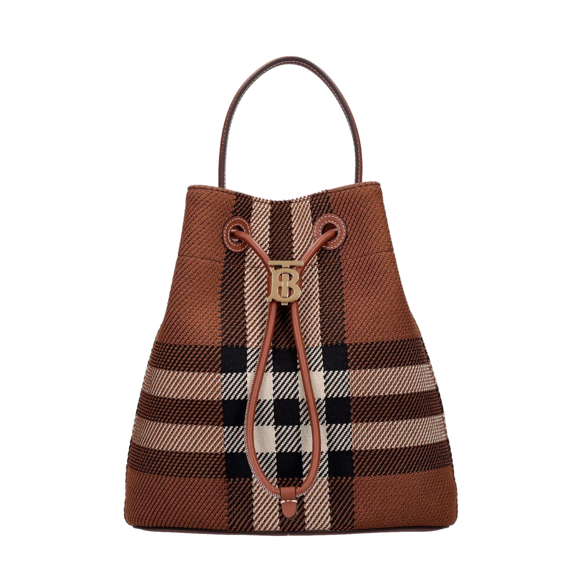 Burberry TB Dark Birch Knitted Check and Leather Small Drawstring Bucket Bag