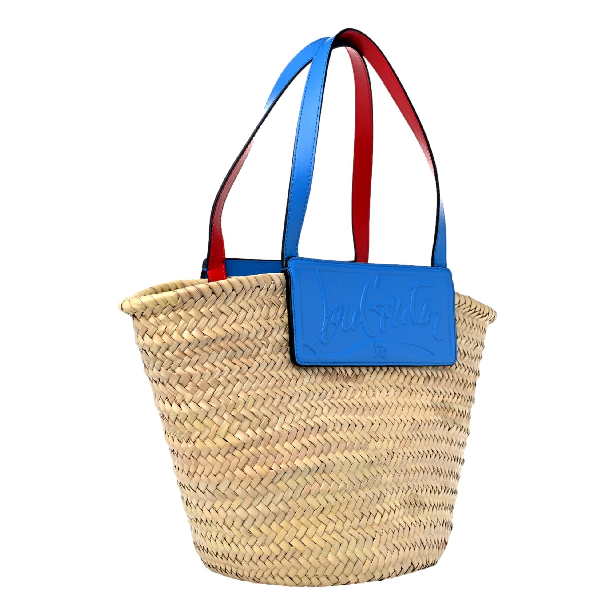 Christian Louboutin Loubishore Blue Leather Trim Woven Tote