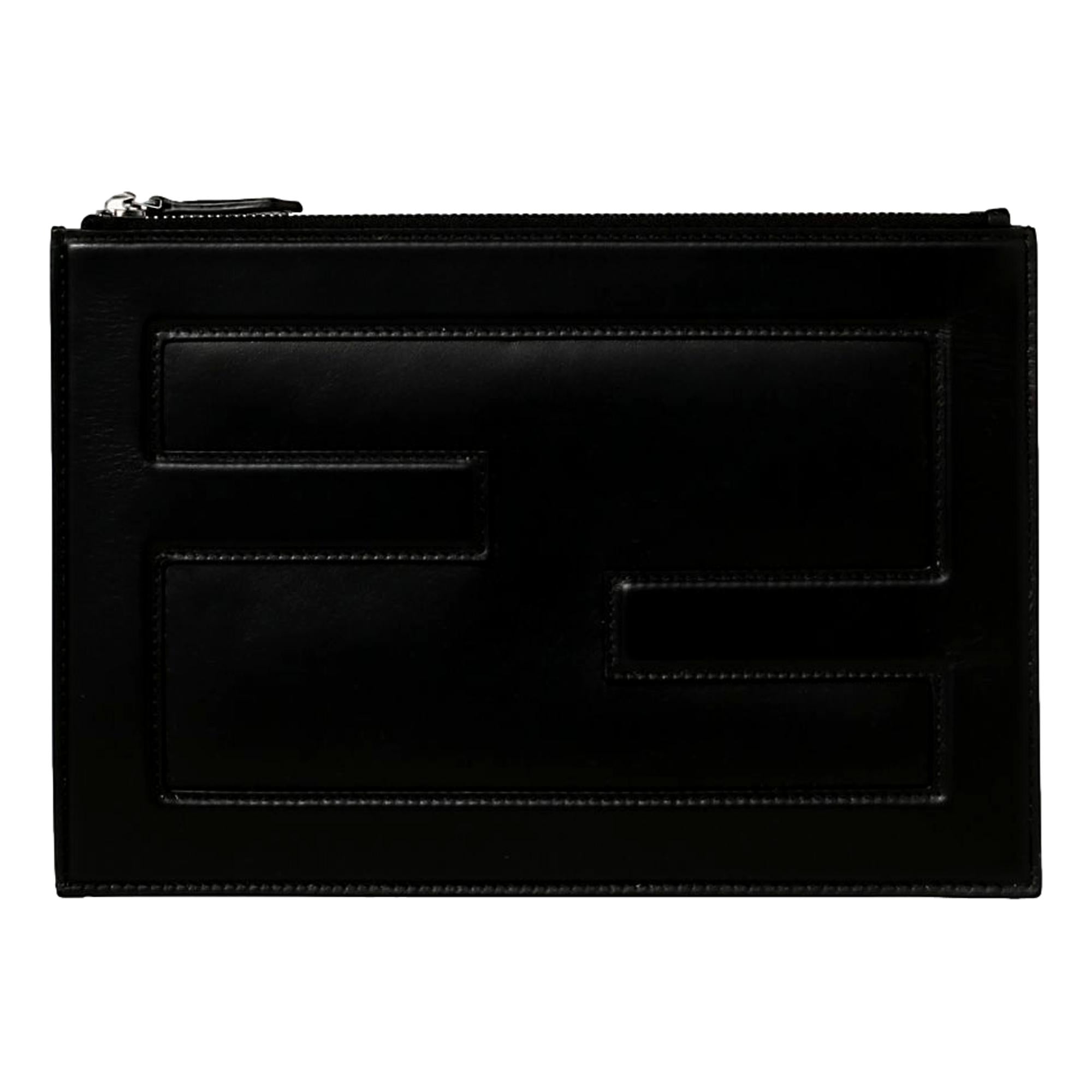 Fendi Baguette Black Calf Leather Embossed Clutch