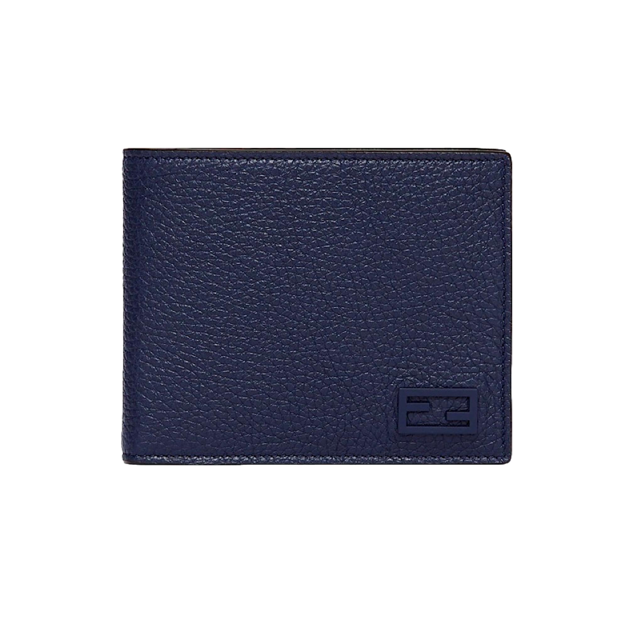 Fendi Baguette Blue Grey Pebbled Leather Billfold Wallet