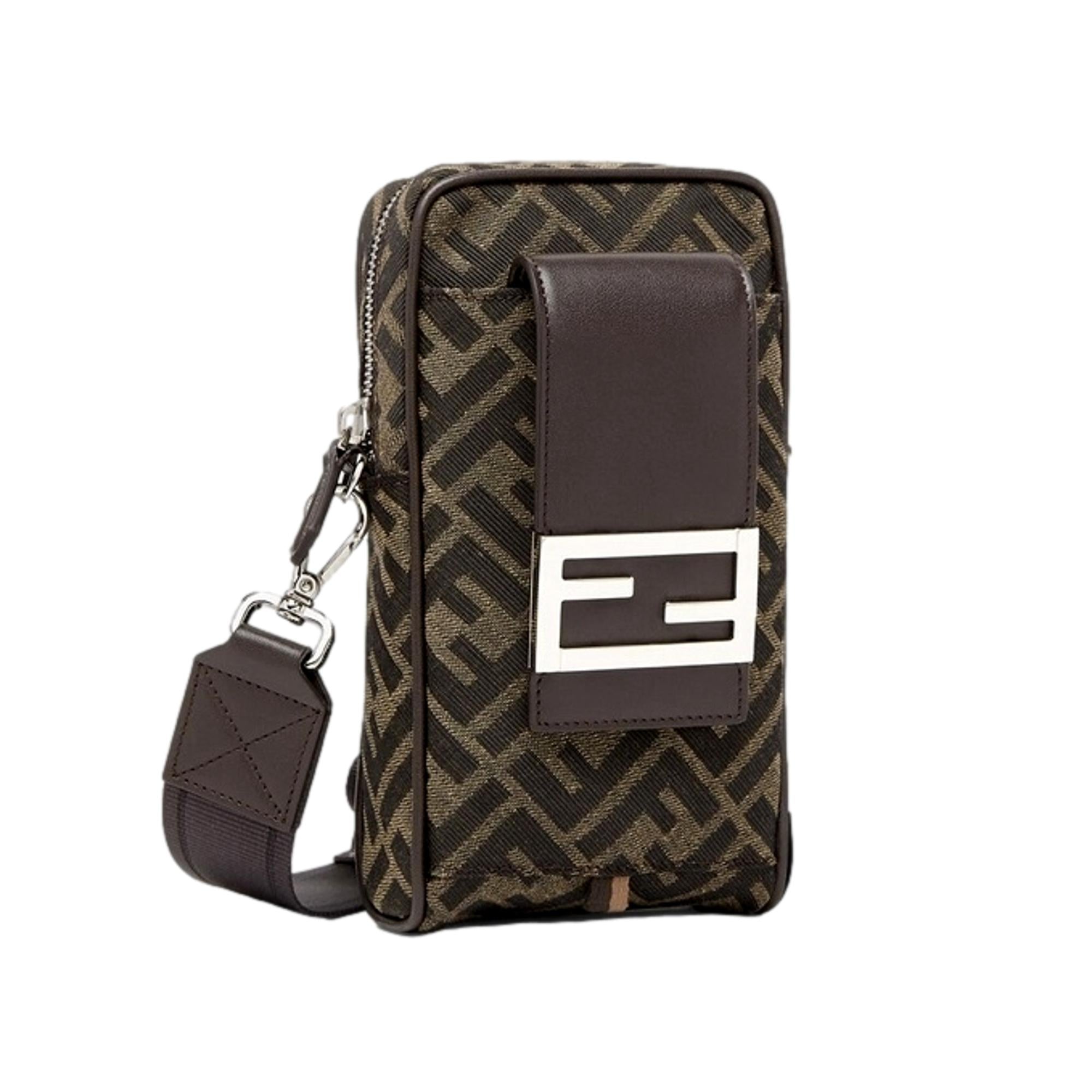 Fendi Baguette Brown Zucca Canvas Phone Holder Crossbody Bag