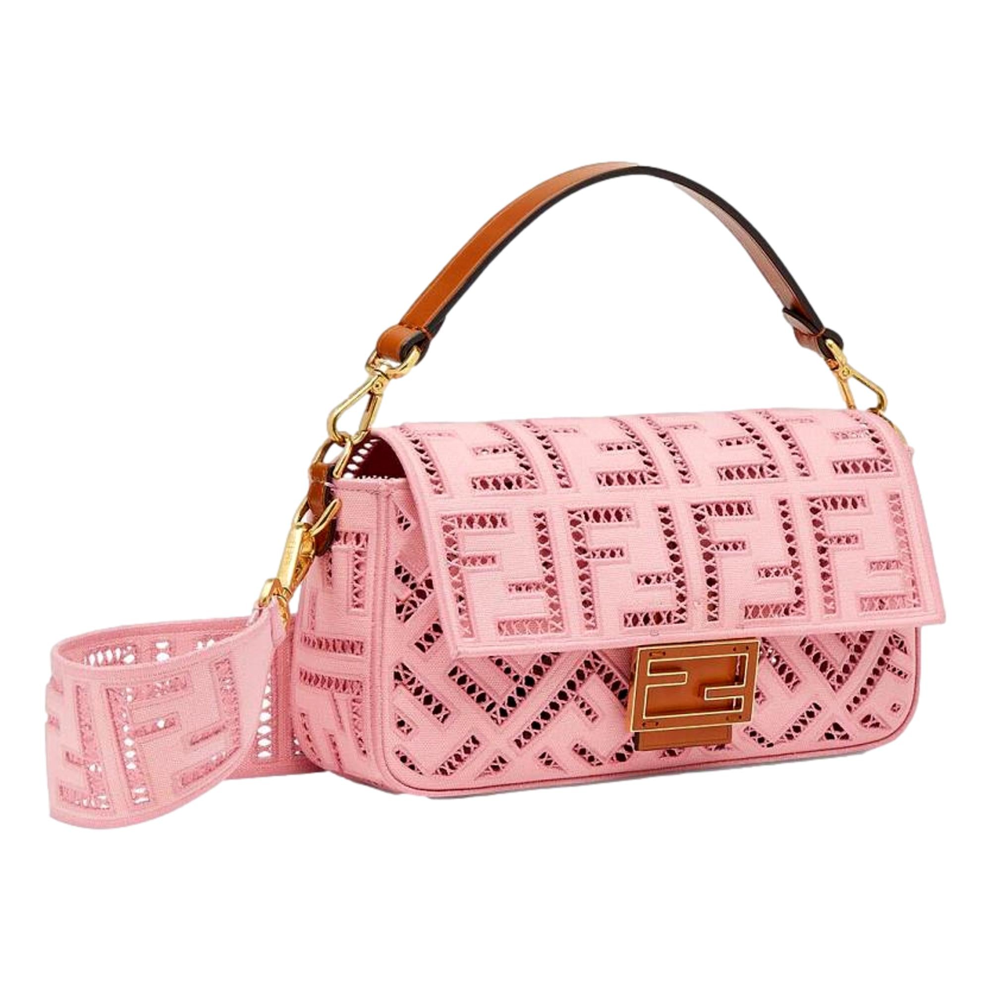 Fendi Baguette FF Motif Embroidered Pink Canvas Shoulder Bag