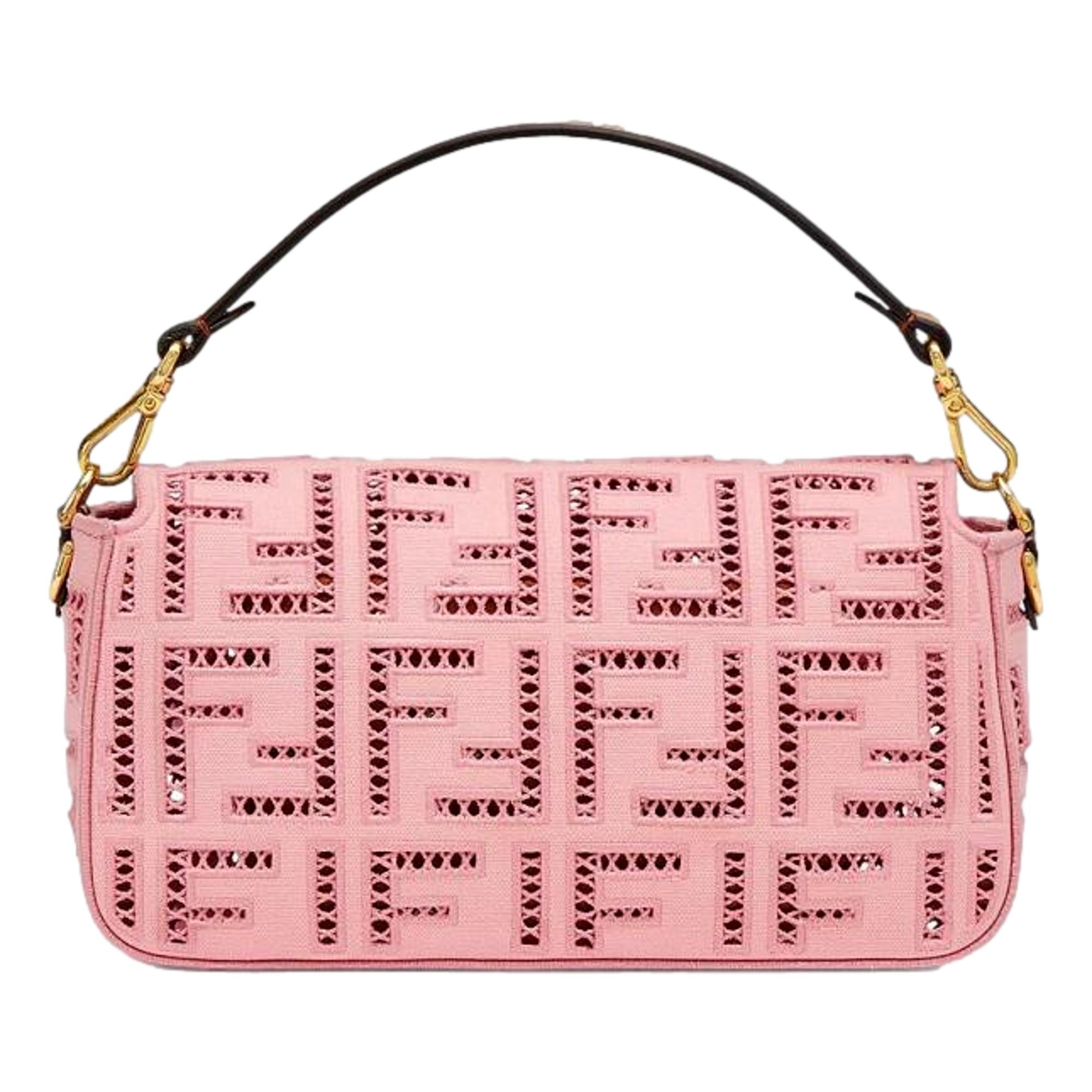 Fendi Baguette FF Motif Embroidered Pink Canvas Shoulder Bag