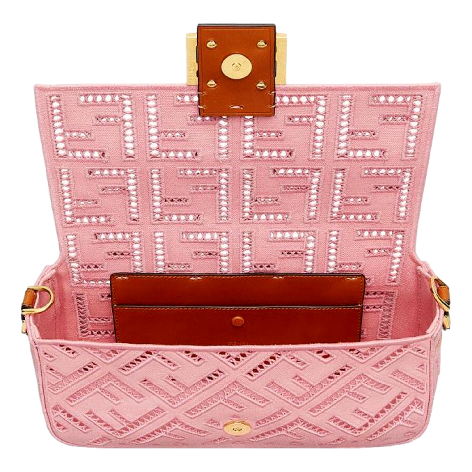 Fendi Baguette FF Motif Embroidered Pink Canvas Shoulder Bag