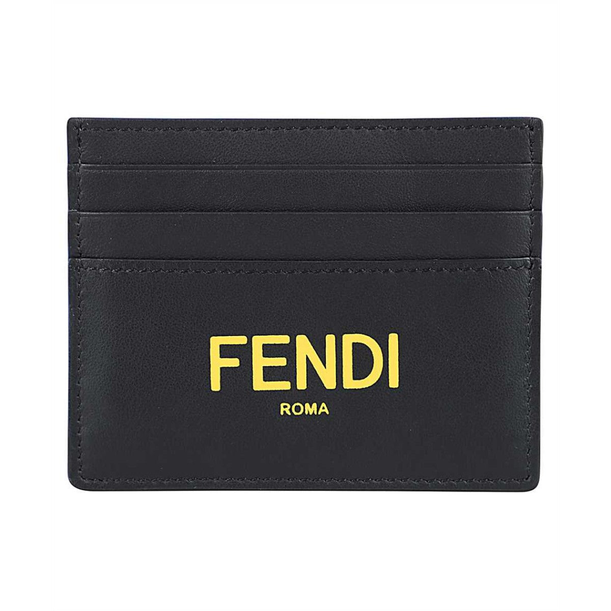 Fendi Black Calfskin Leather Yellow Logo Card Case Wallet