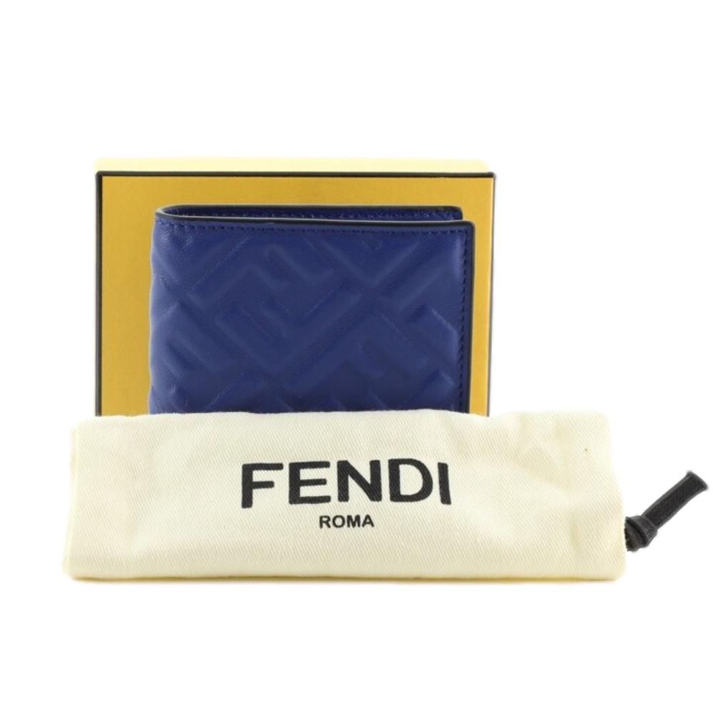 Fendi Blue Nappa Leather FF 1974 Embossed Billfold Wallet